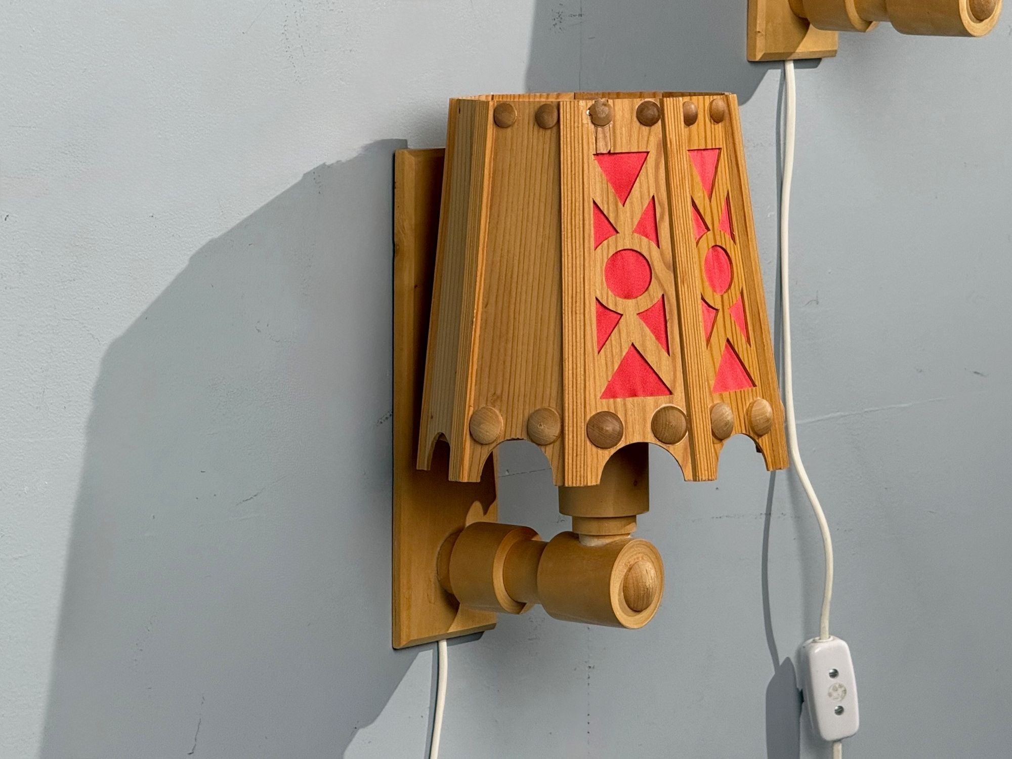 Swedish Modern, Wall Lights, Pine, Red Textile, Sweden, 1970s