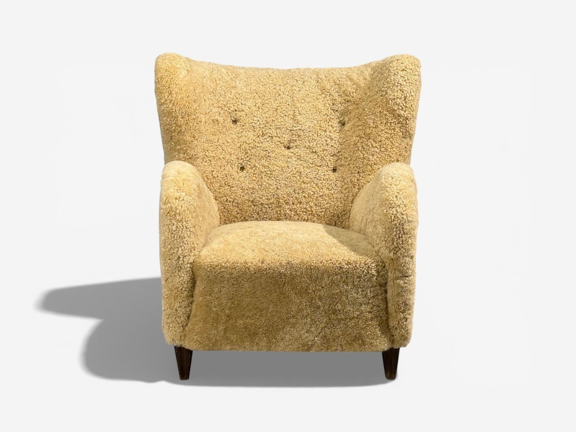 Swedish Modern, Organic Lounge Chairs, Shearling, Wood, Sweden, 1940s