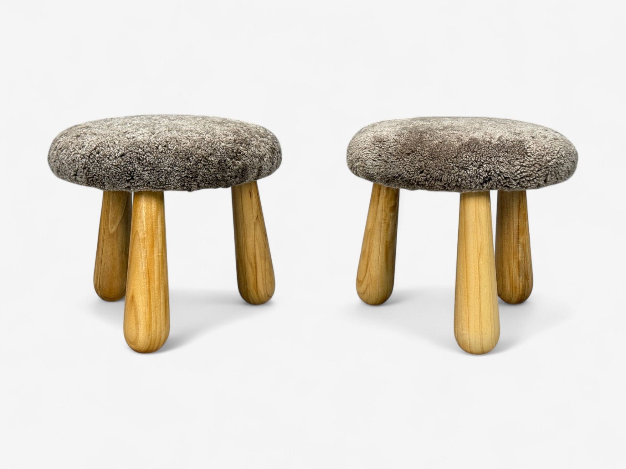 Danish Modern Style, Brown Sheepskin, Maple, Shearling Footstools, 21st c.