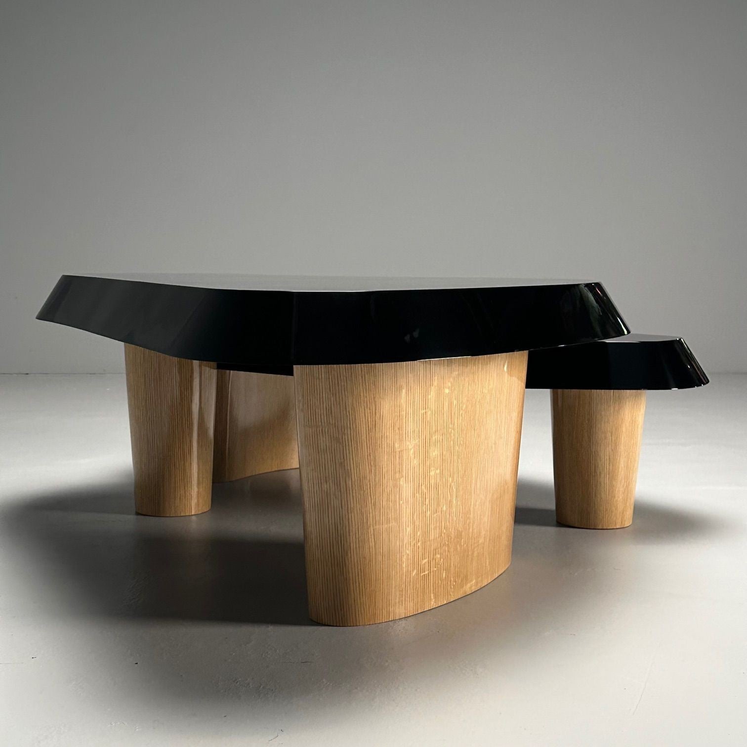 Contemporary, Organic Modern, Nesting Coffee Tables, Black Lacquer, Oak, 21st C.