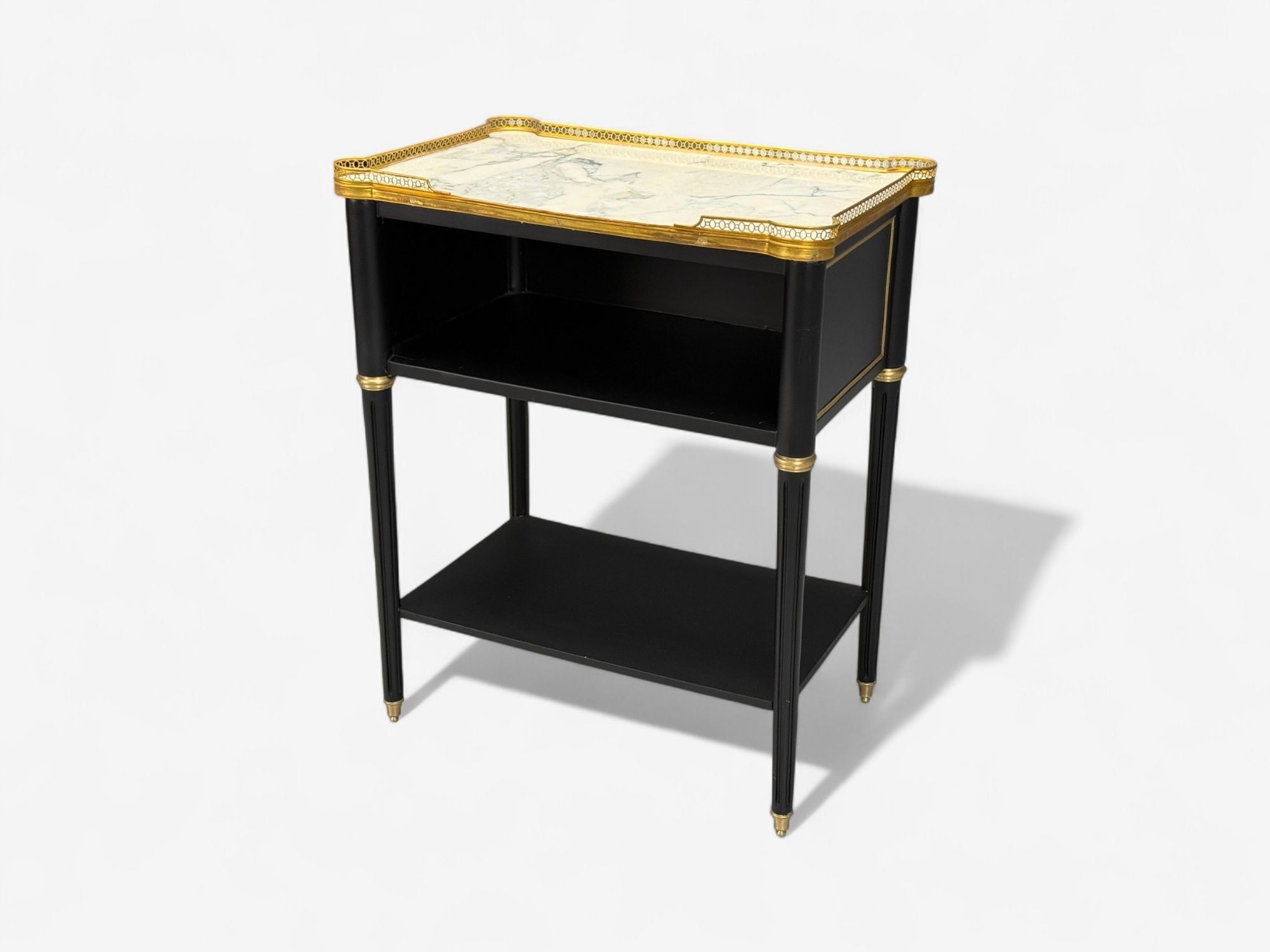 Maison Jansen Style, Hollywood Regency, Brass, Marble, Ebonized Open Nightstands