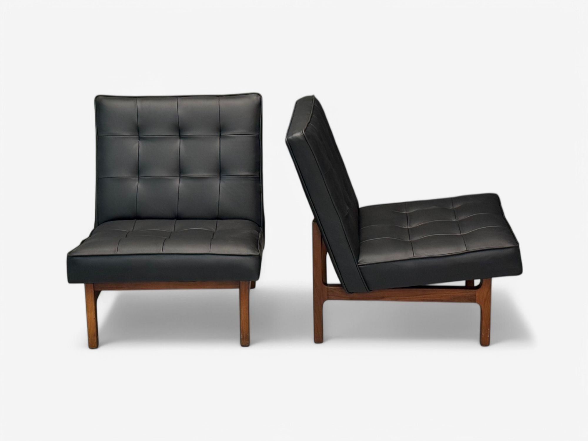 Thayer Coggin, Danish Modern Style, Tufted Black Leather, Lounge Chairs, 21st C.
