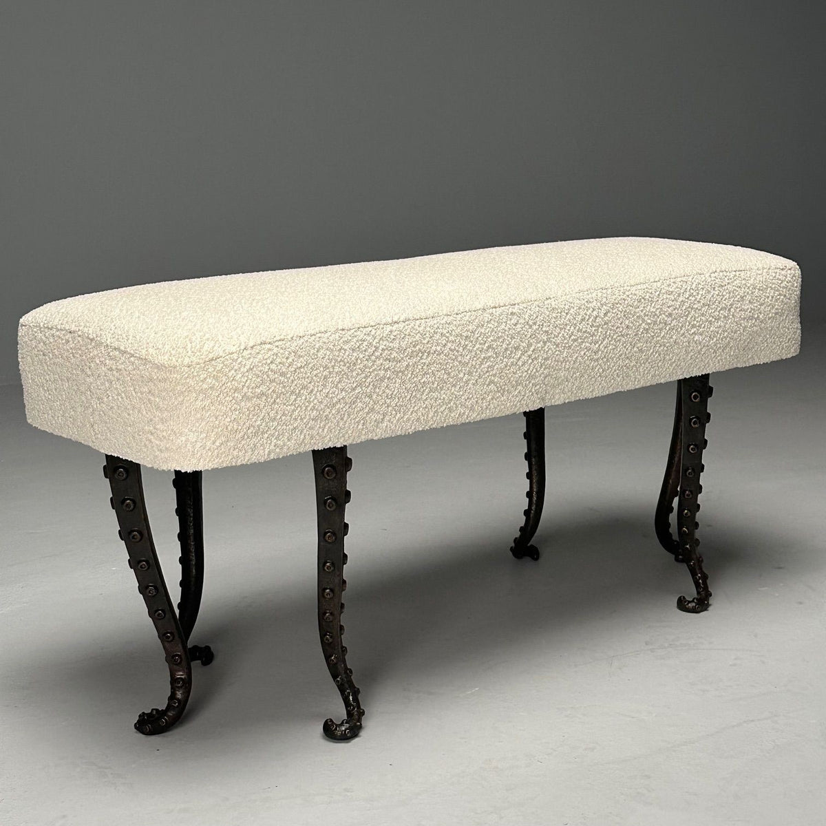 Modern, Long Octopus Benches, Blackened Bronze, White Boucle