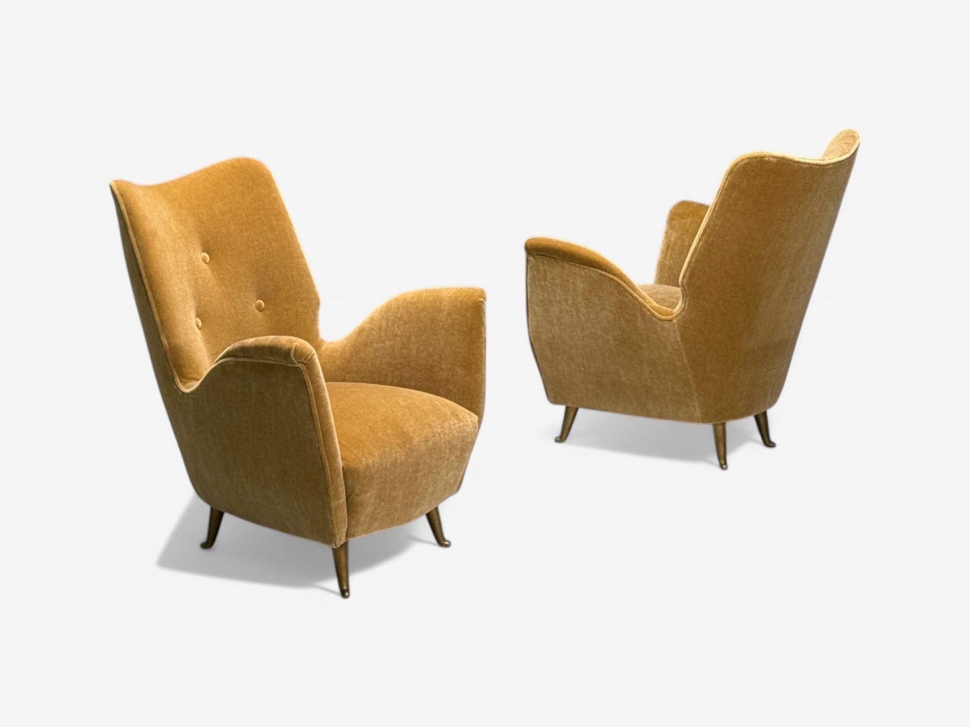 ISA Bergamo, Italian Mid-Century, Bronze, Camel Mohair, Lounge Chairs, 1950s