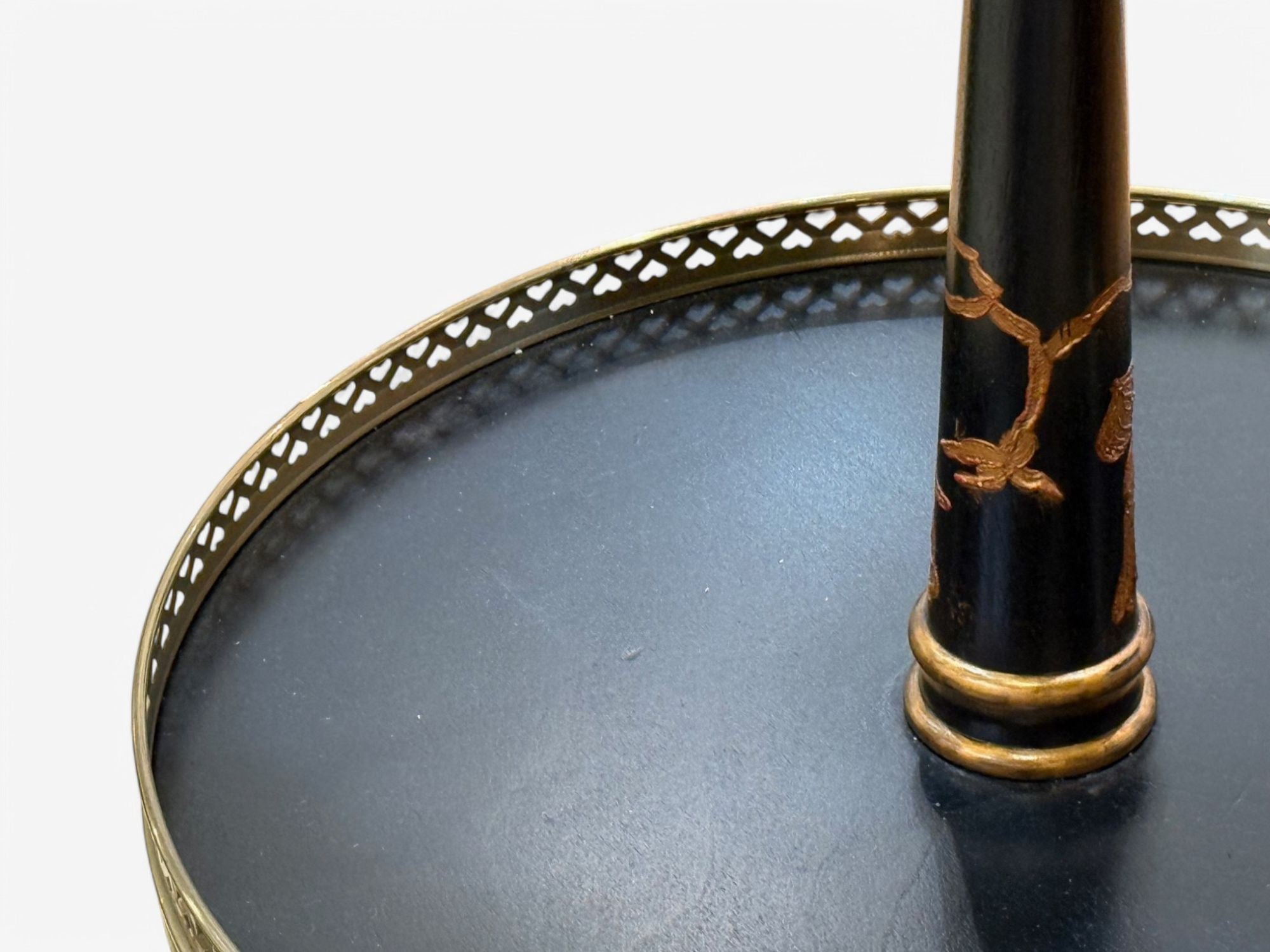 Chinoiserie Style, Crackle Lacquer, Giltwood, Floor Lamp with Shelf, USA, 20th C