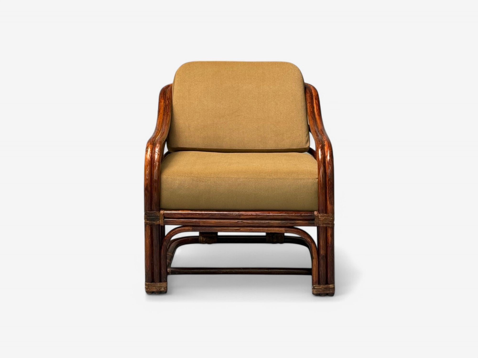 Brown Jordan, Mid-Century Modern, Bamboo, Camel Fabric, Lounge Chairs, 1960s