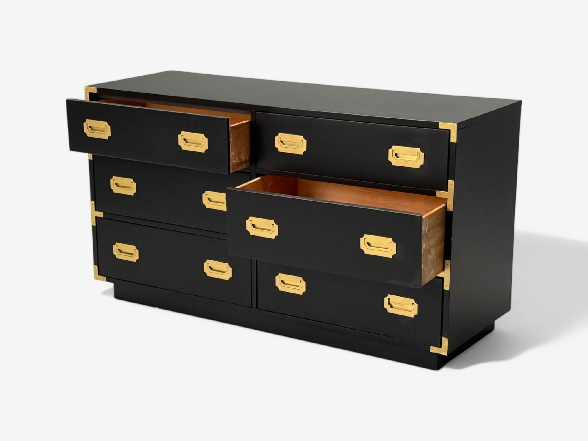 Hollywood Regency, Satin Black Wood, Brass, Campaign Dresser USA, 1970s