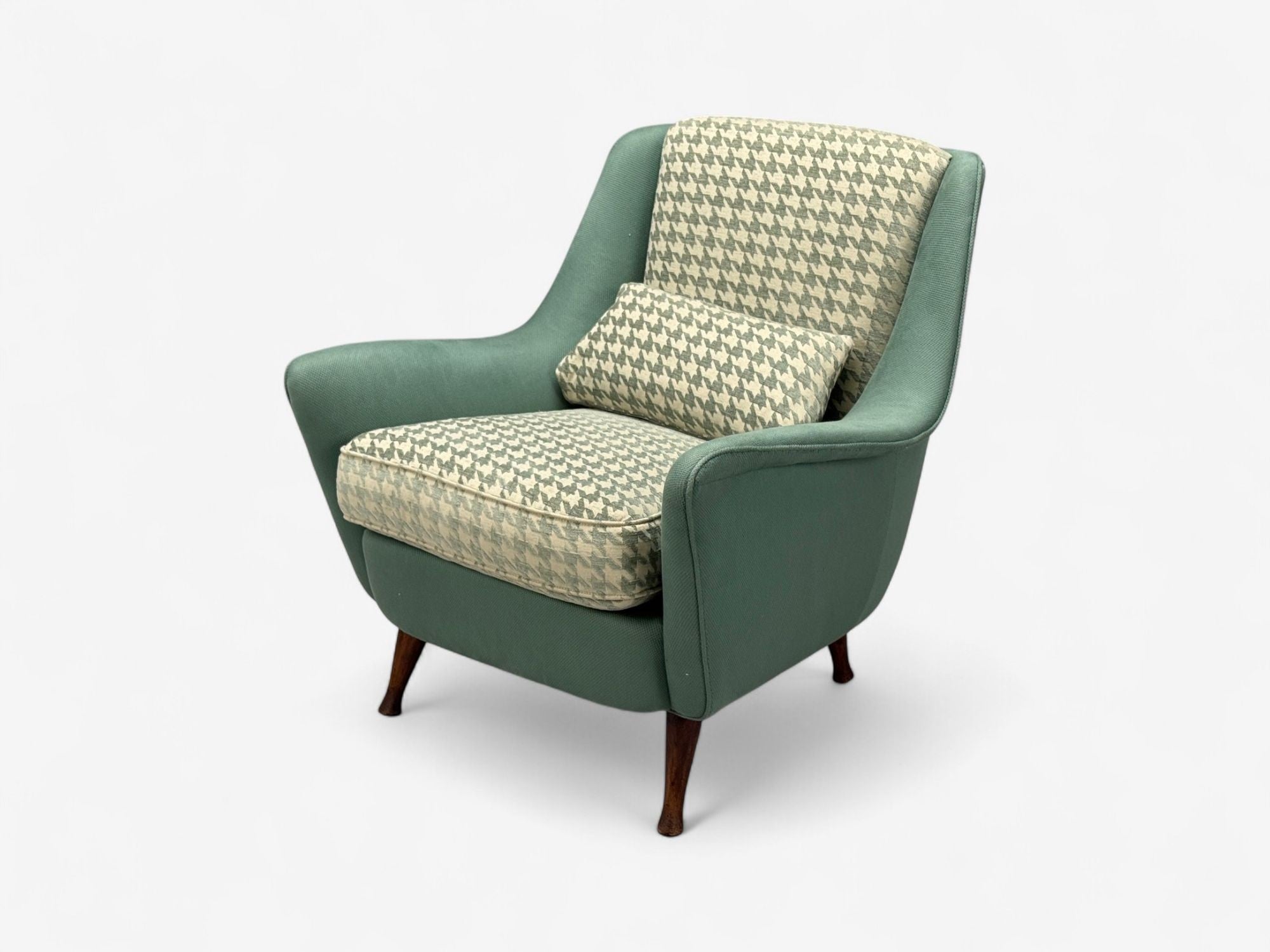 Carlo Pagani attr., Fabric, Wood, Lounge Chairs, Italy, 1950s