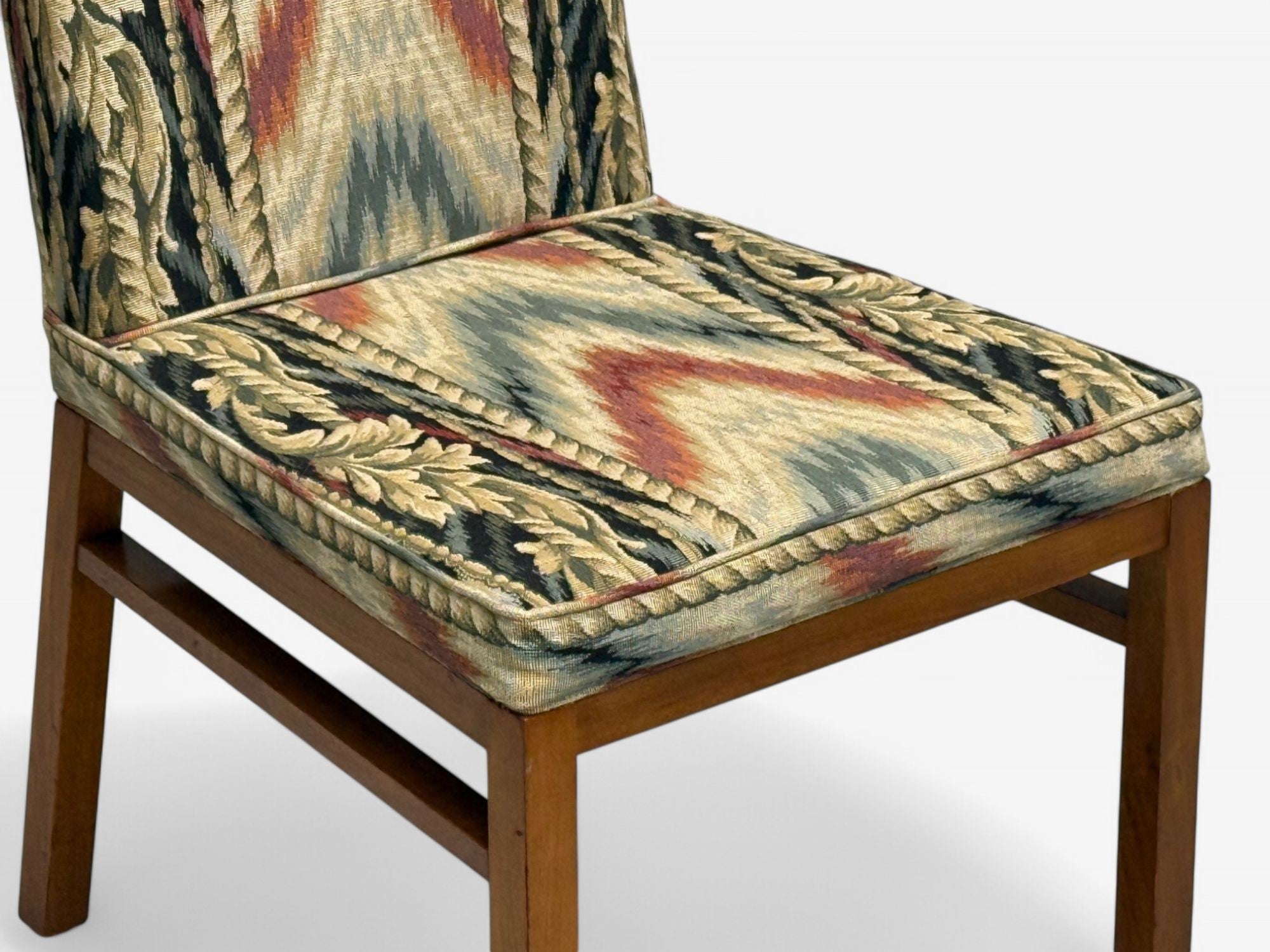 T.H. Robsjohn-Gibbings, Walnut, Scalamandre Fabric, Dining Chairs, USA, 1950s