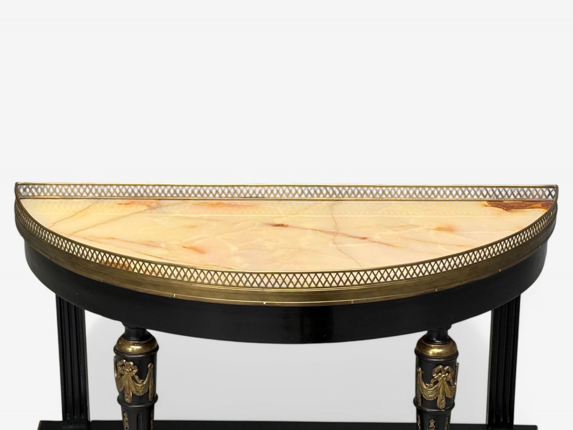 Hollywood Regency, Ebony Painted Wood, Onyx, Demilune Console Tables, 1930s