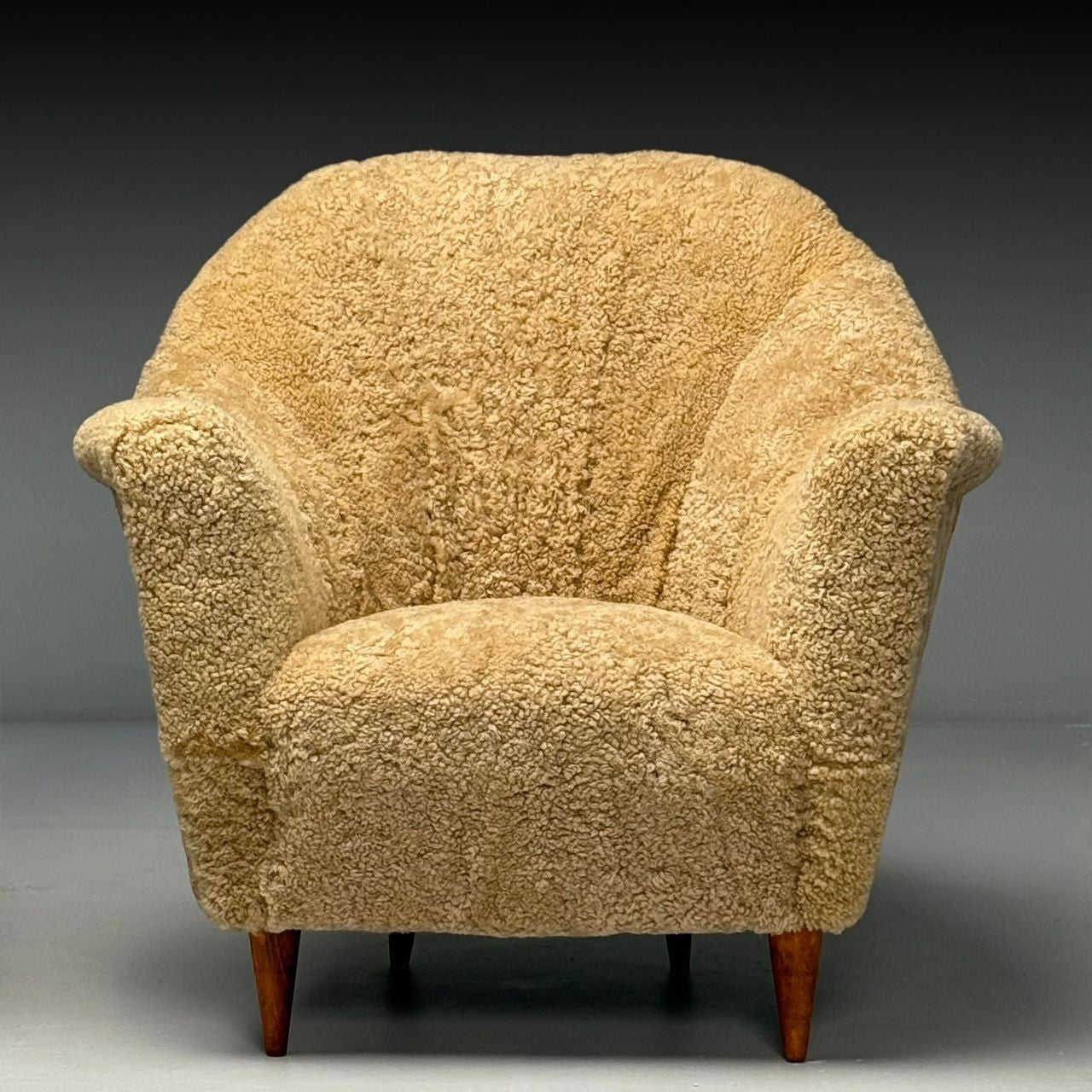Italian Modern, Honey Shearling, Stained Wood, Lounge Chairs, Italy, 1950s