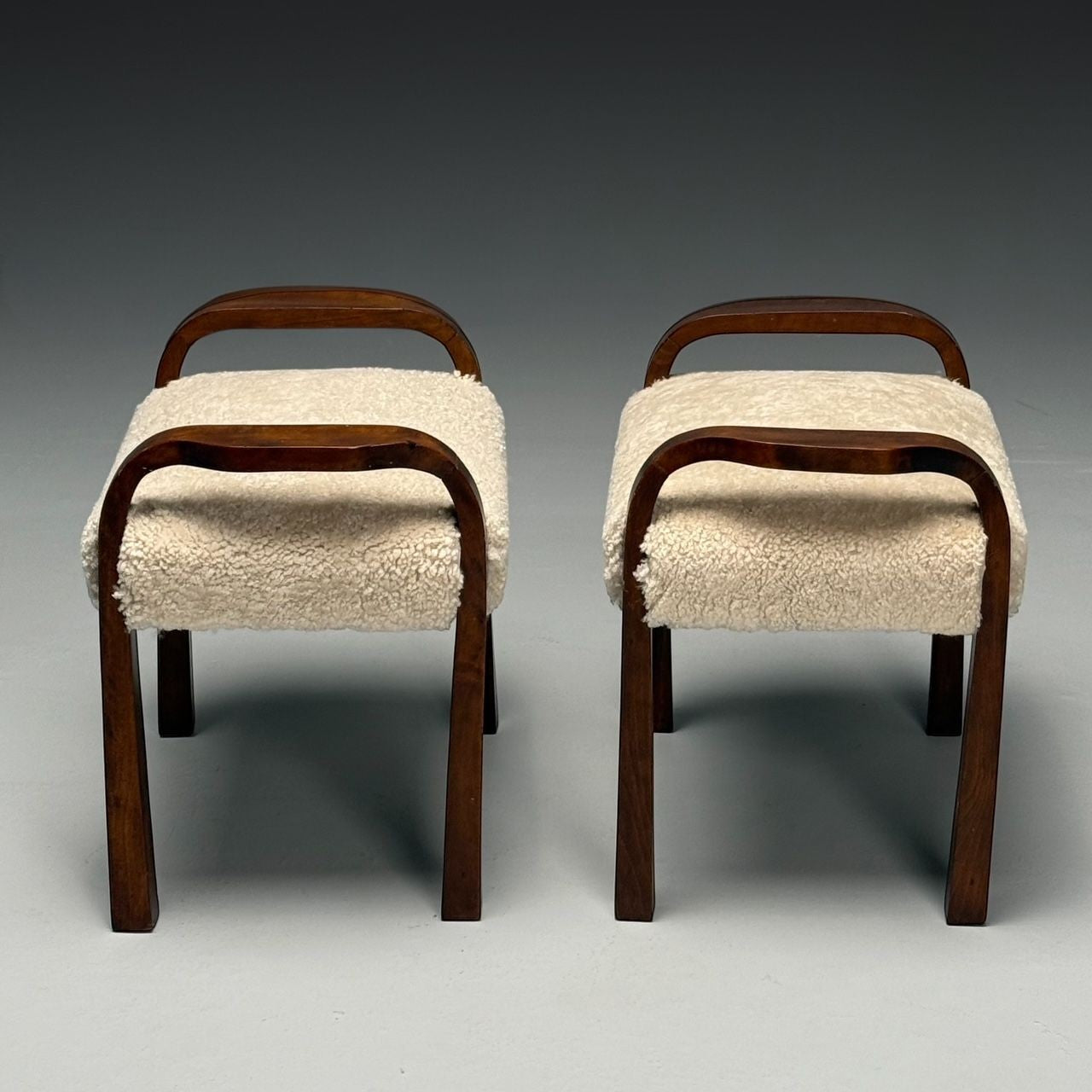 Italian Mid-Century Modern, Footstools, Beige Shearling, Mahogany, Italy, 1950s