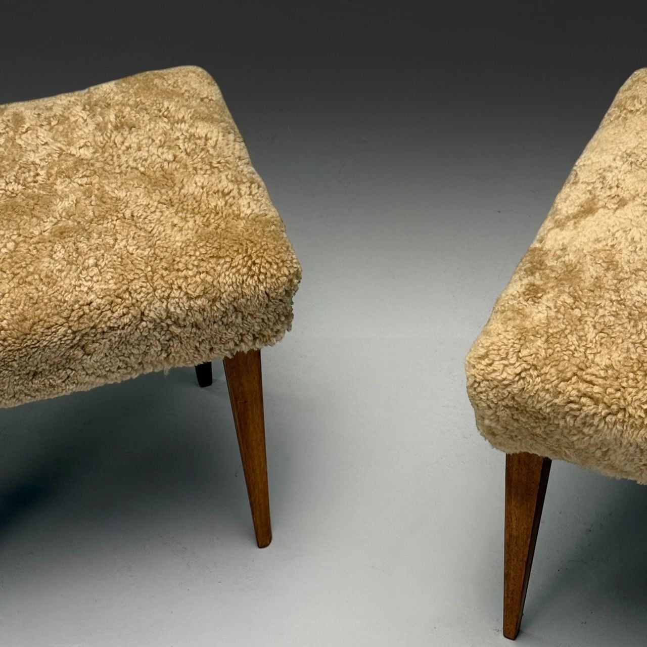Mid-Century Modern, Footstools, Honey Sheepskin, Stained Wood, Italy, 1950s
