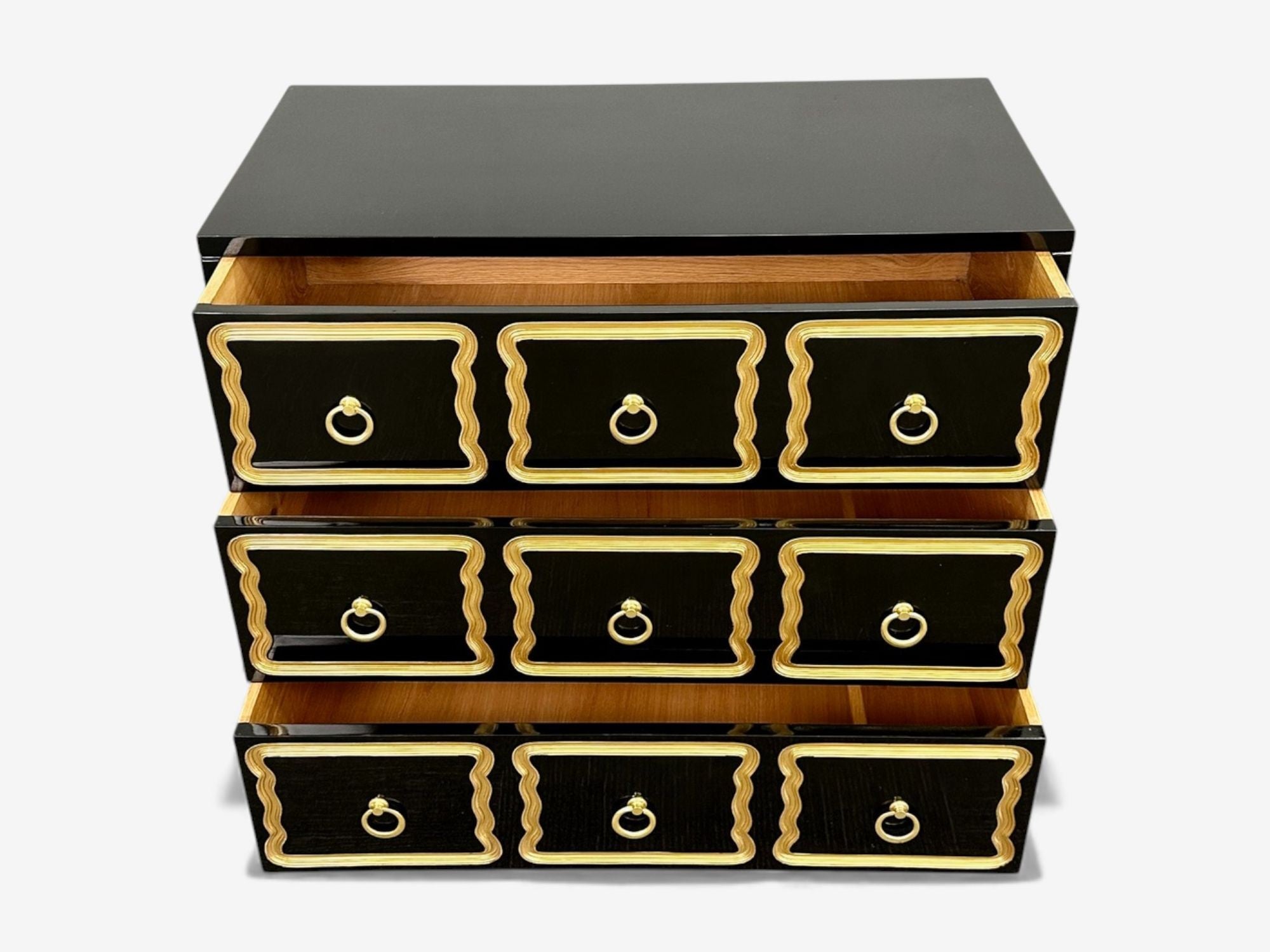 Dorothy Draper Style, Hollywood Regency, Black Lacquer, Gilt, Brass, Commodes