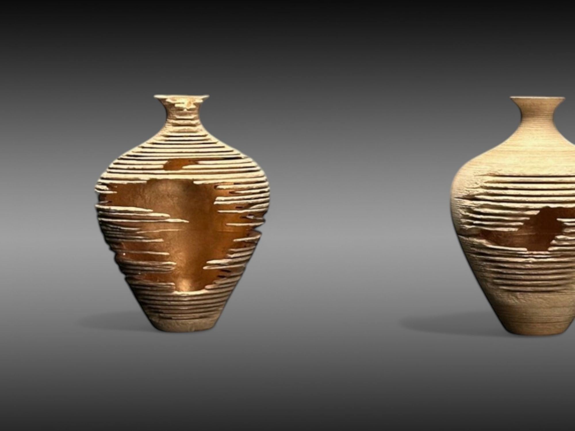Marc Fish, Contemporary, Ash, Rose Gold Leaf, Three Triptych Vessels, UK, 21st c