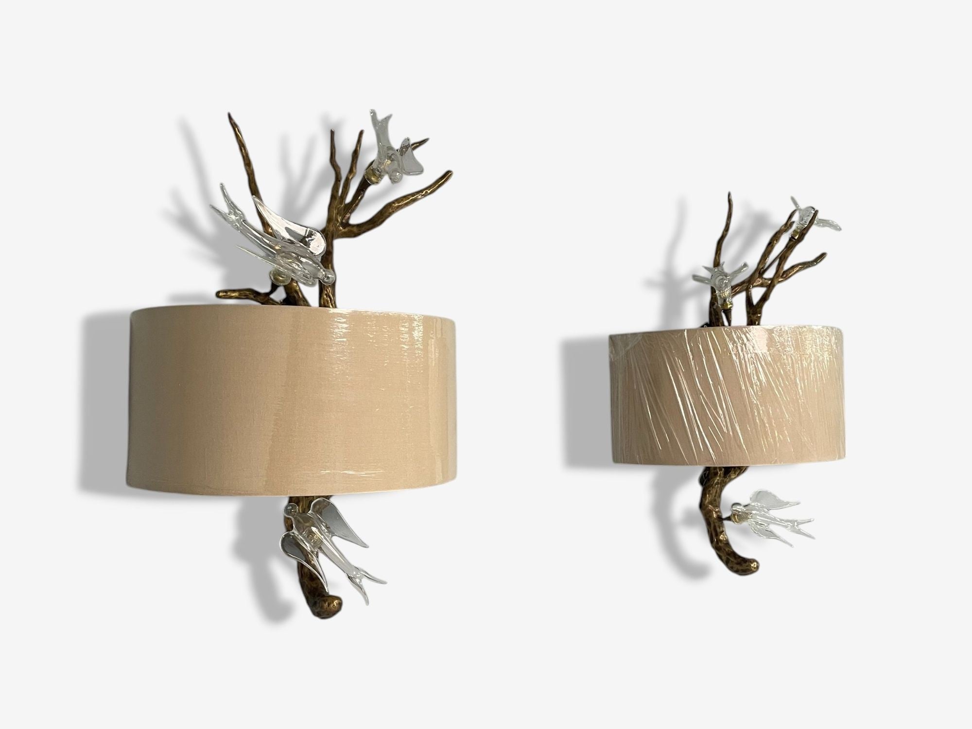 Brutalist Modern, Hammered Bronze, Crystal, Linen, Bird Wall Sconces, 21st C.