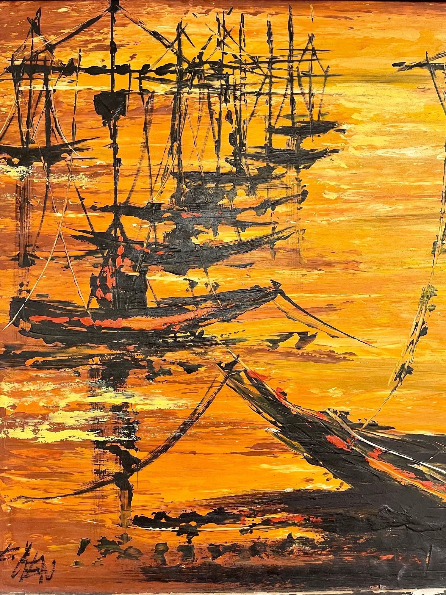 Palette Knife Oil Painting of Fishing Boats