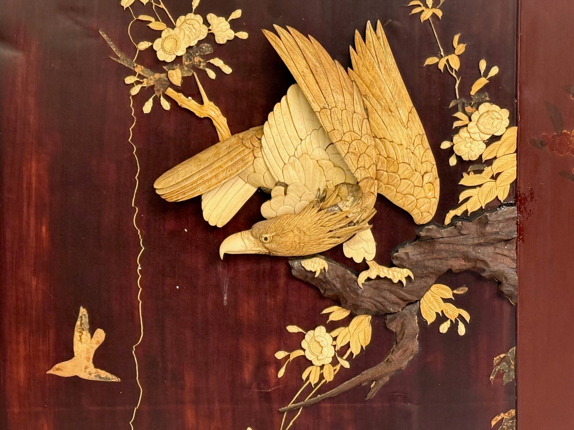 Shibayama Art, Meiji Era, Ebonized Wood, Lacquer, Two Panel Screen, Japan, 1890s