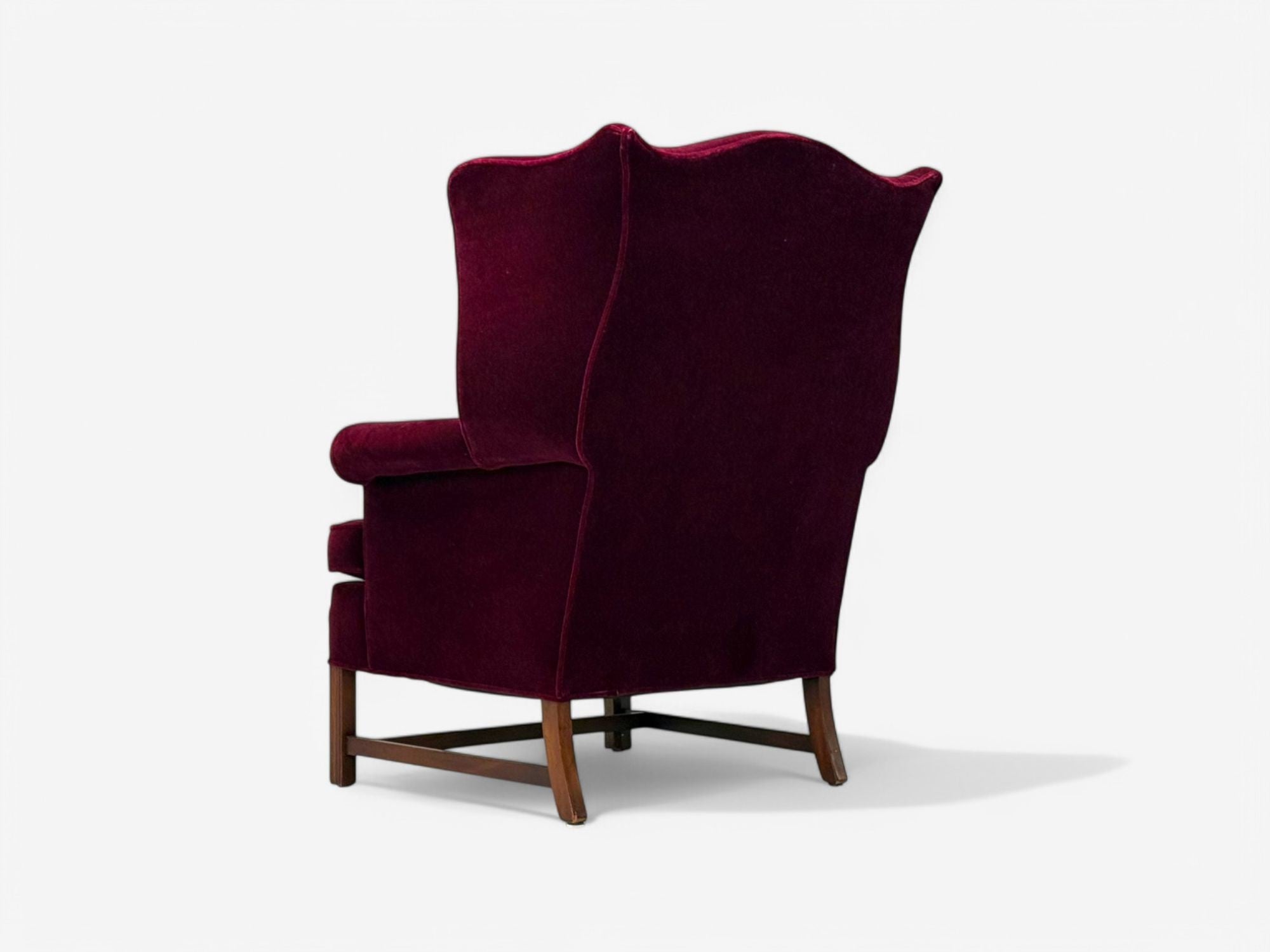 Georgian, Aubergine Mohair, Stained Wood, Wingback Chair, England, 1970s