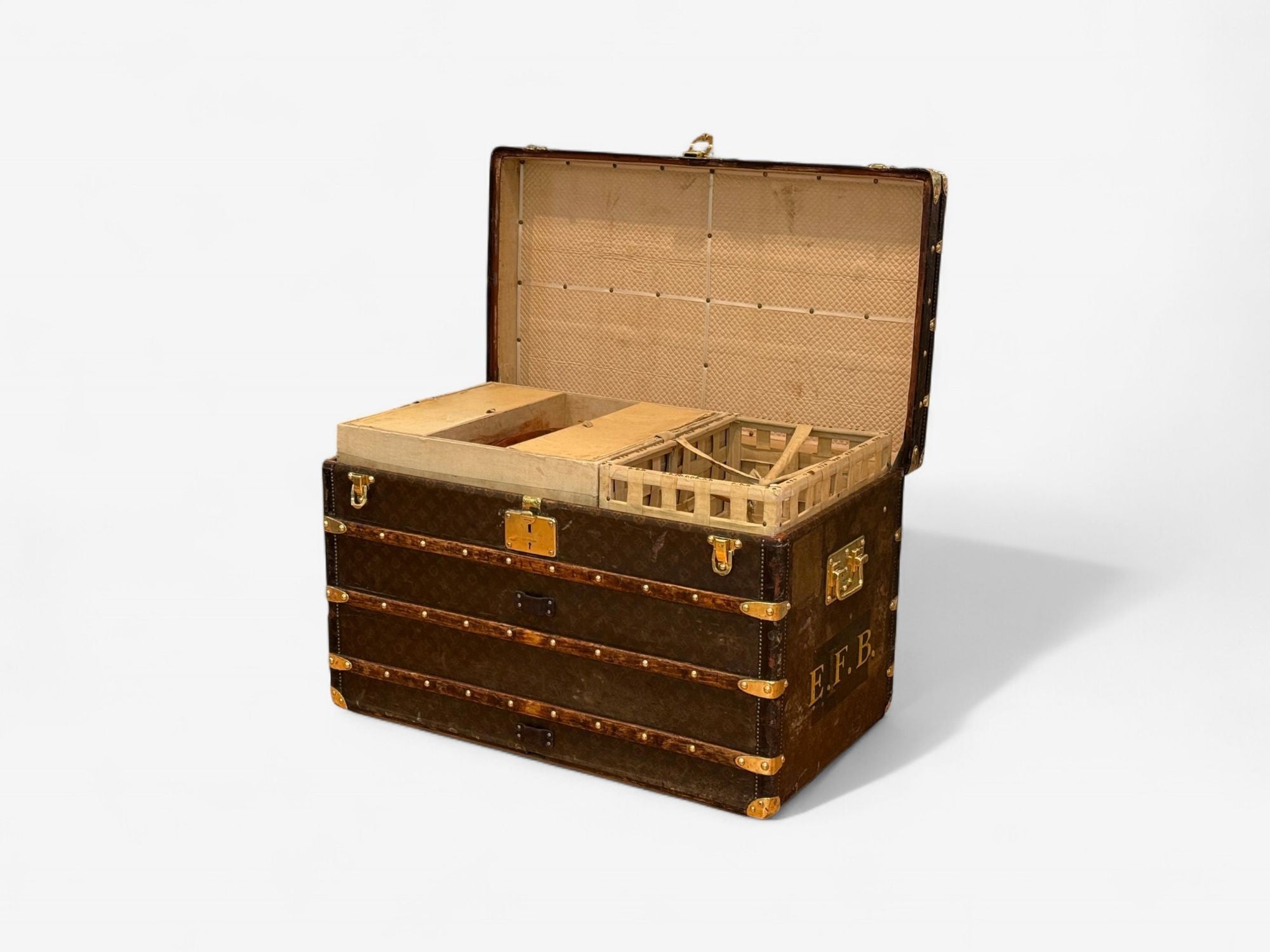 Louis Vuitton, Brown Leather, Monogram Canvas, Vintage Steamer Trunk, France