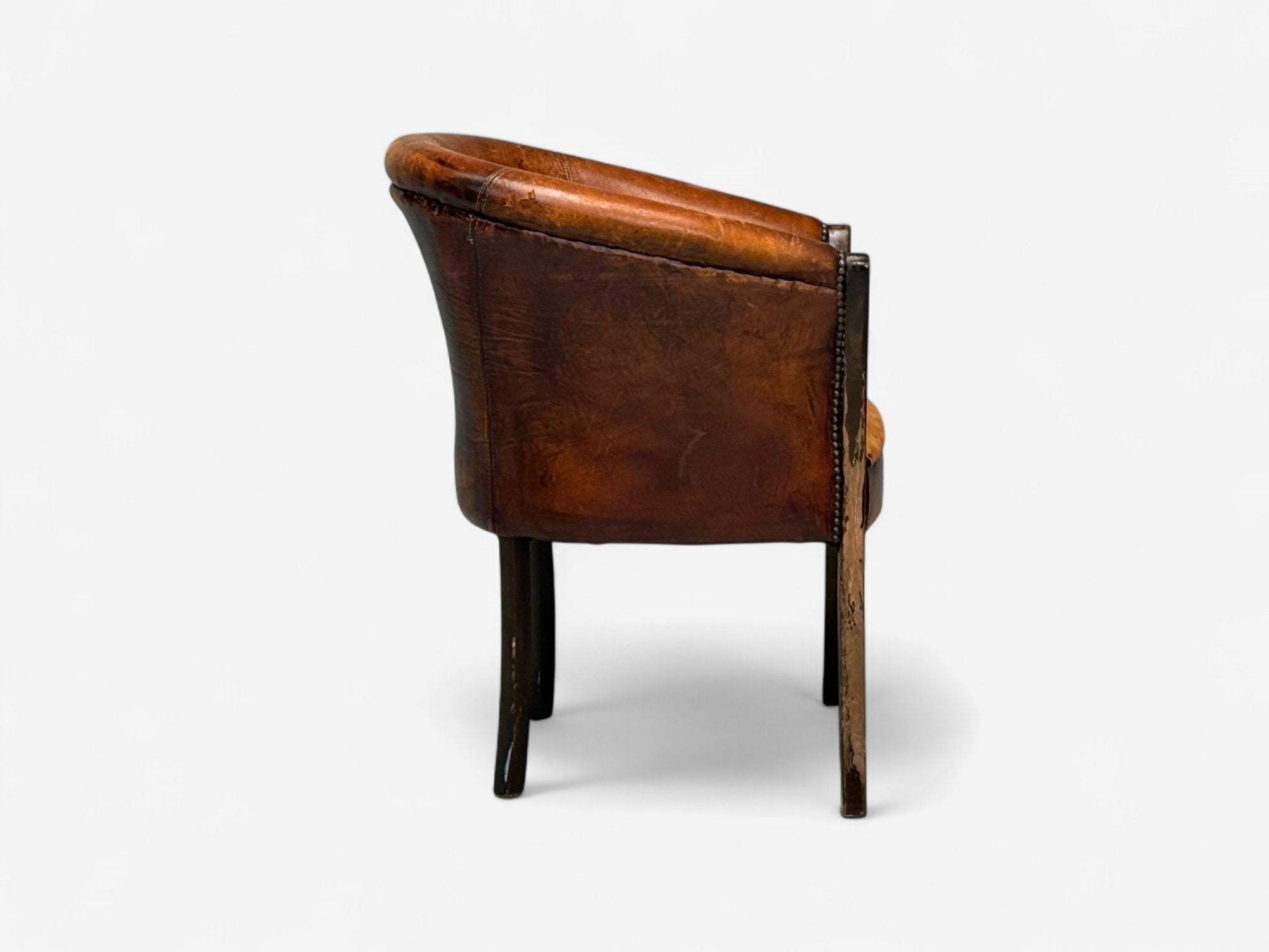 Georgian Style, Distressed Brown Leather, Stained Wood, Tub Chair, USA, 1960s