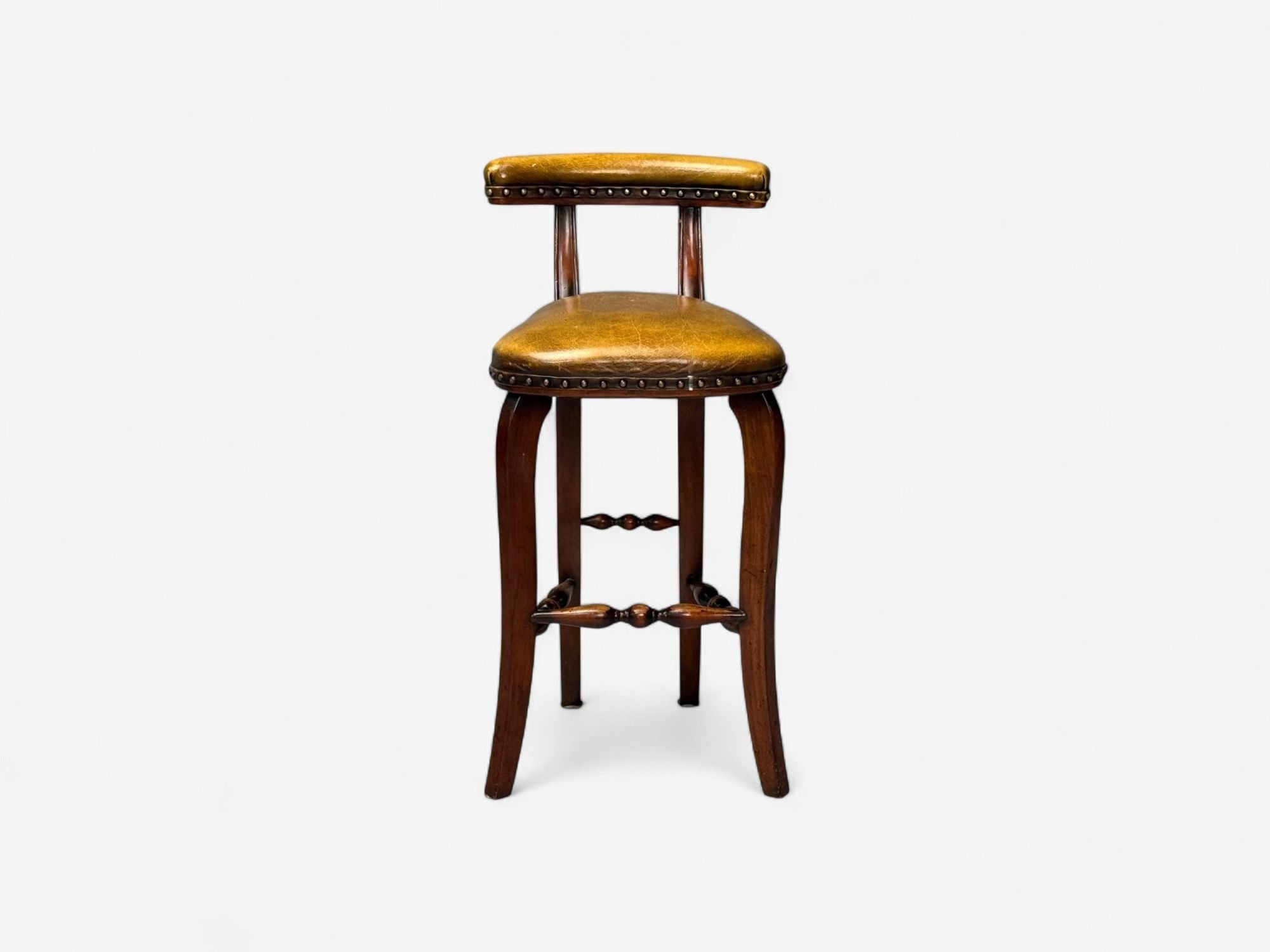 Georgian Style, Distressed Brown Leather, Stained Wood, Six Bar Stools, 20th C.