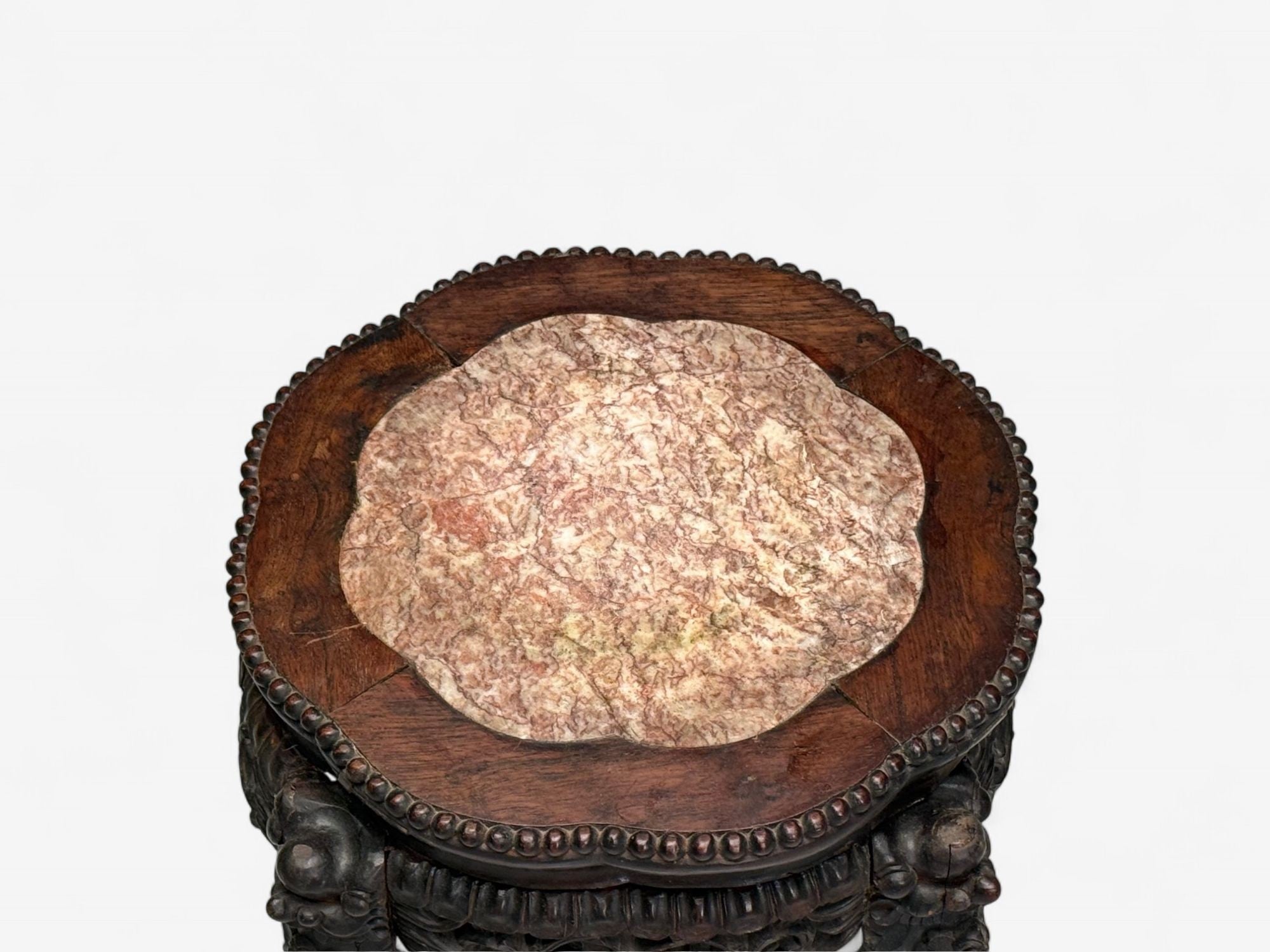 Chinese Export, Carved Hardwood Table, Marble, Low Pedestal, China, 1930s