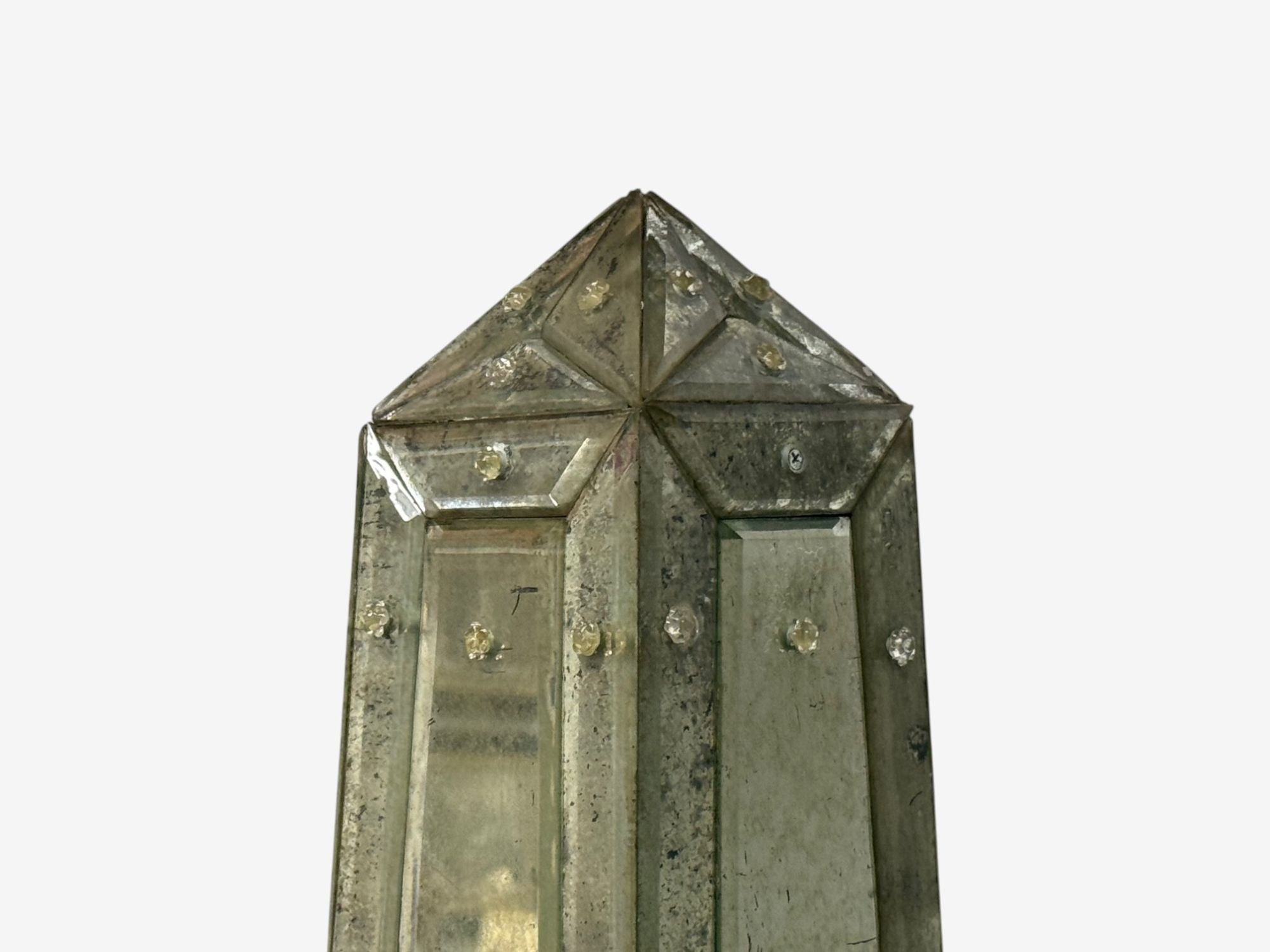 Venetian, Etched Glass Panels, Distressed Mirror, Obelisks, 20th C.