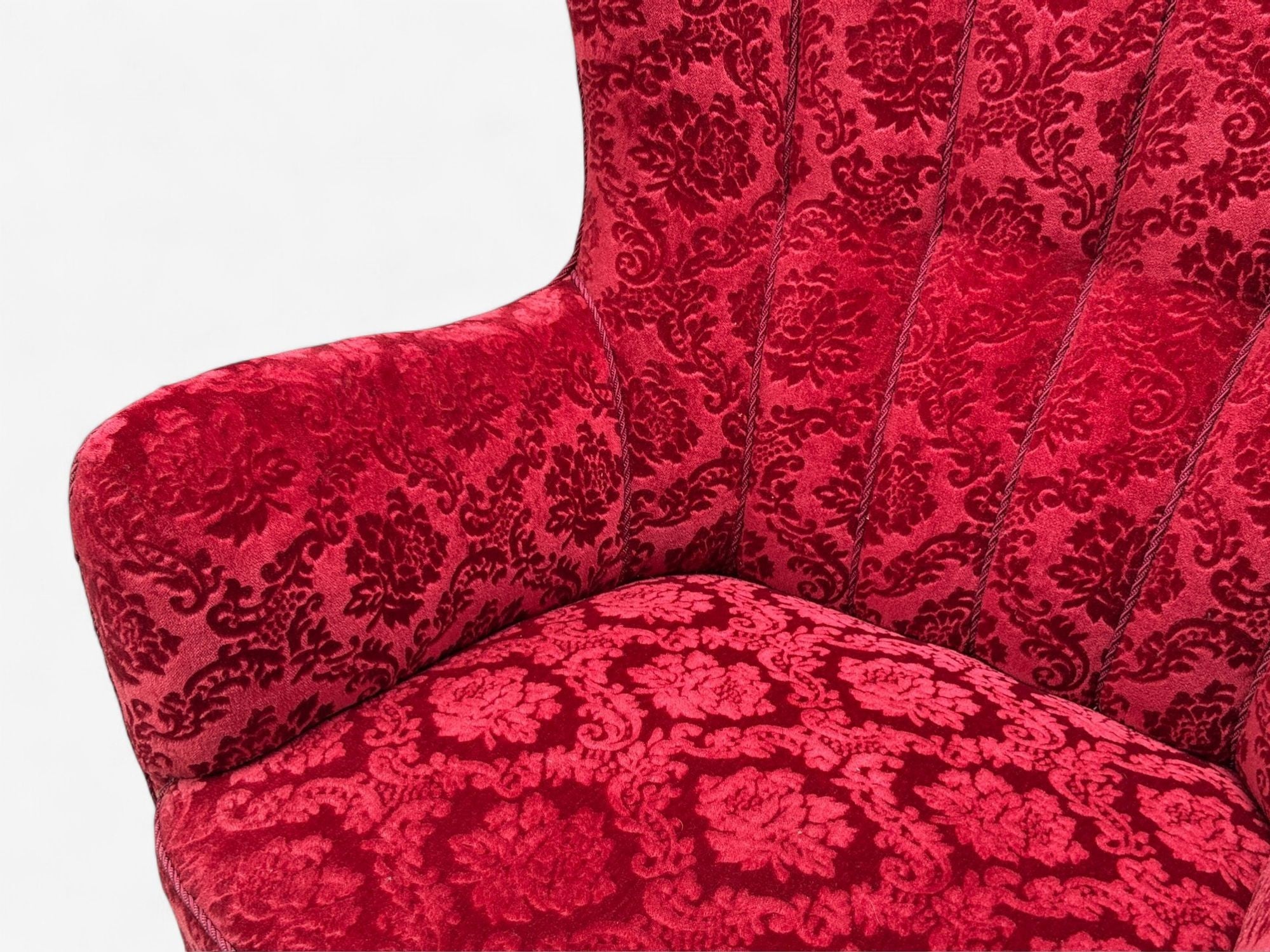 Danish Cabinetmaker, Red Damask, Wood, Lounge Chair, Denmark, 1950s