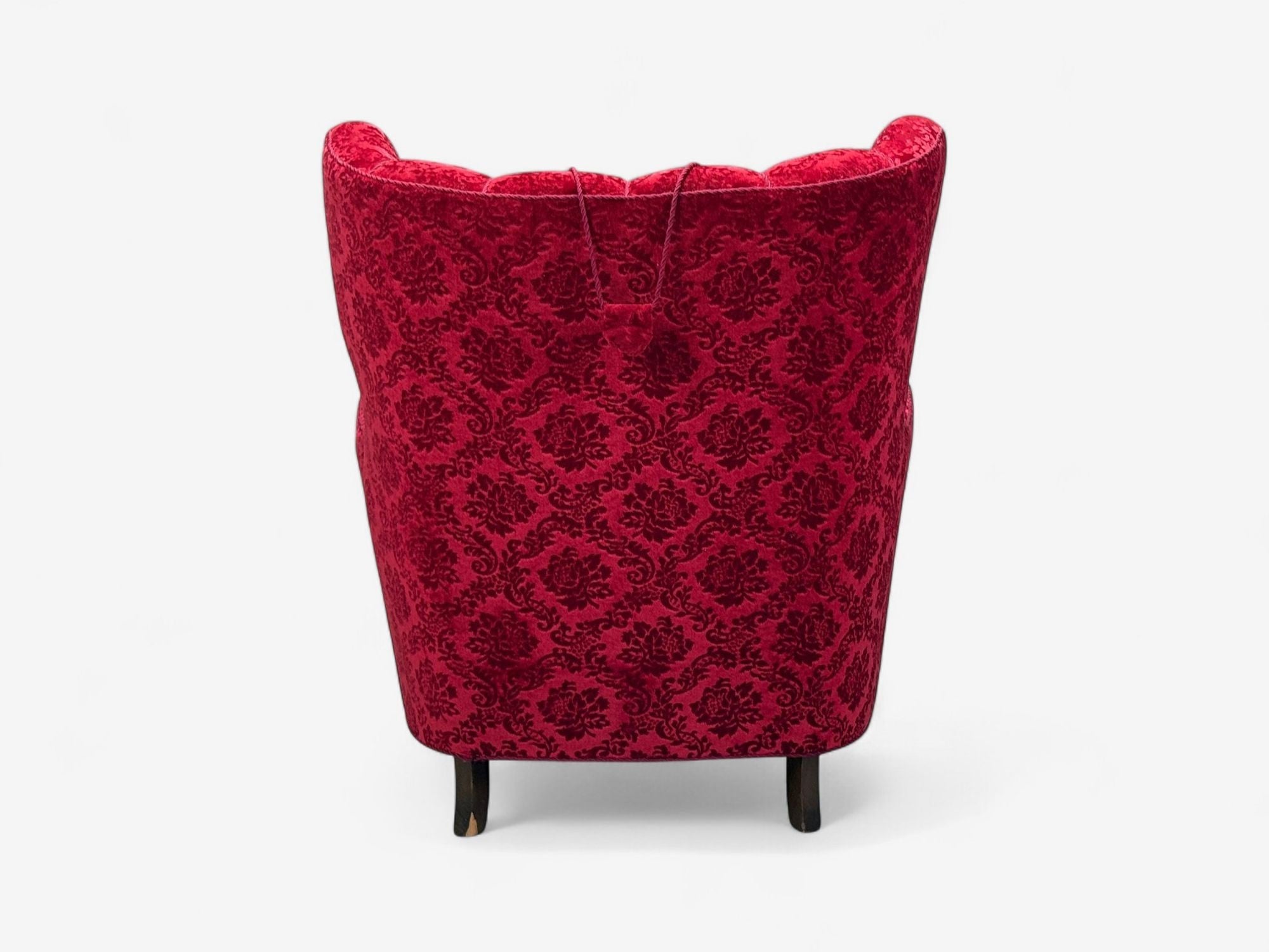 Danish Cabinetmaker, Red Damask, Wood, Lounge Chair, Denmark, 1950s