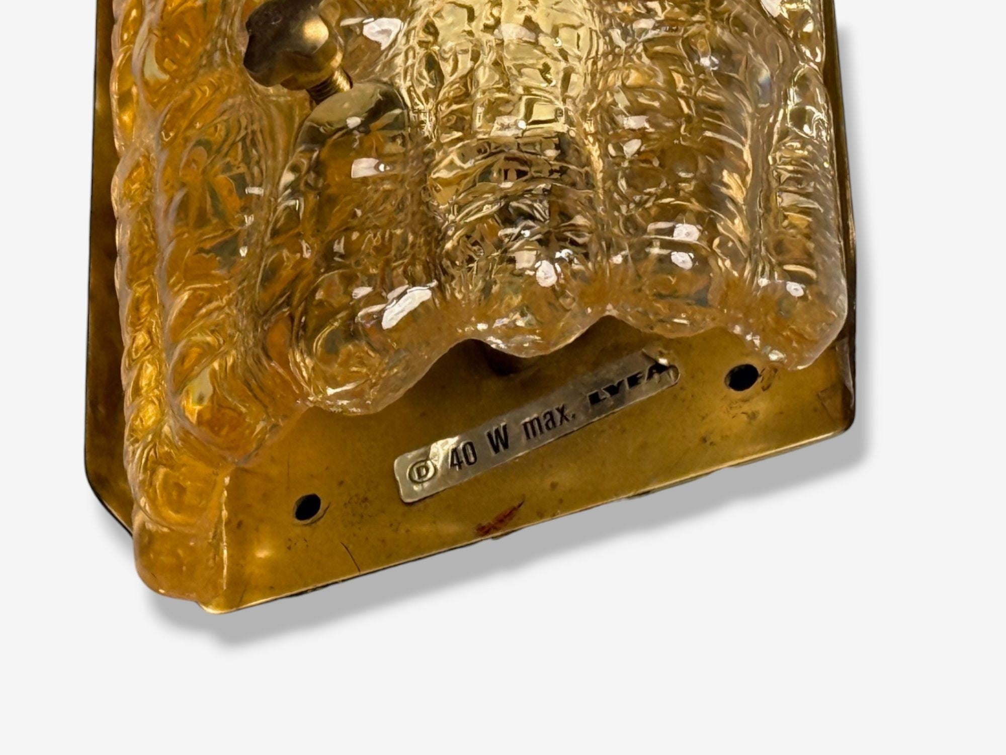 Lyfa, Textured Glass, Patinated Brass, Wall Light, Sweden, 1970s