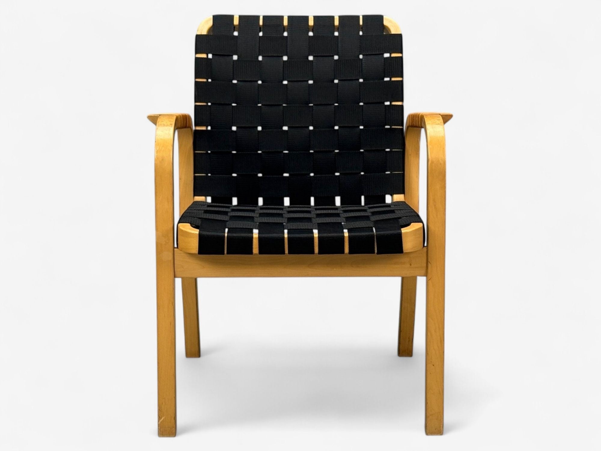 Alvar Aalto, Birch, Rattan, Black Linen Webbing, Armchairs, Finland, 1980s
