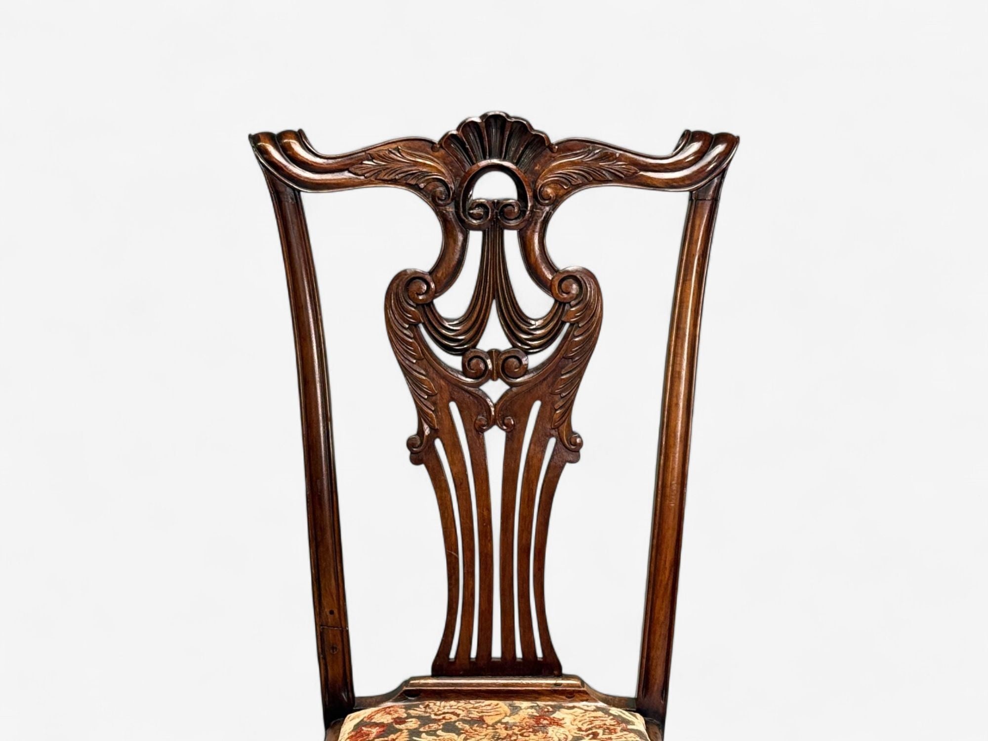 Georgian, Mahogany, Fabric, Six Chippendale Dining Chairs, England, 1960s