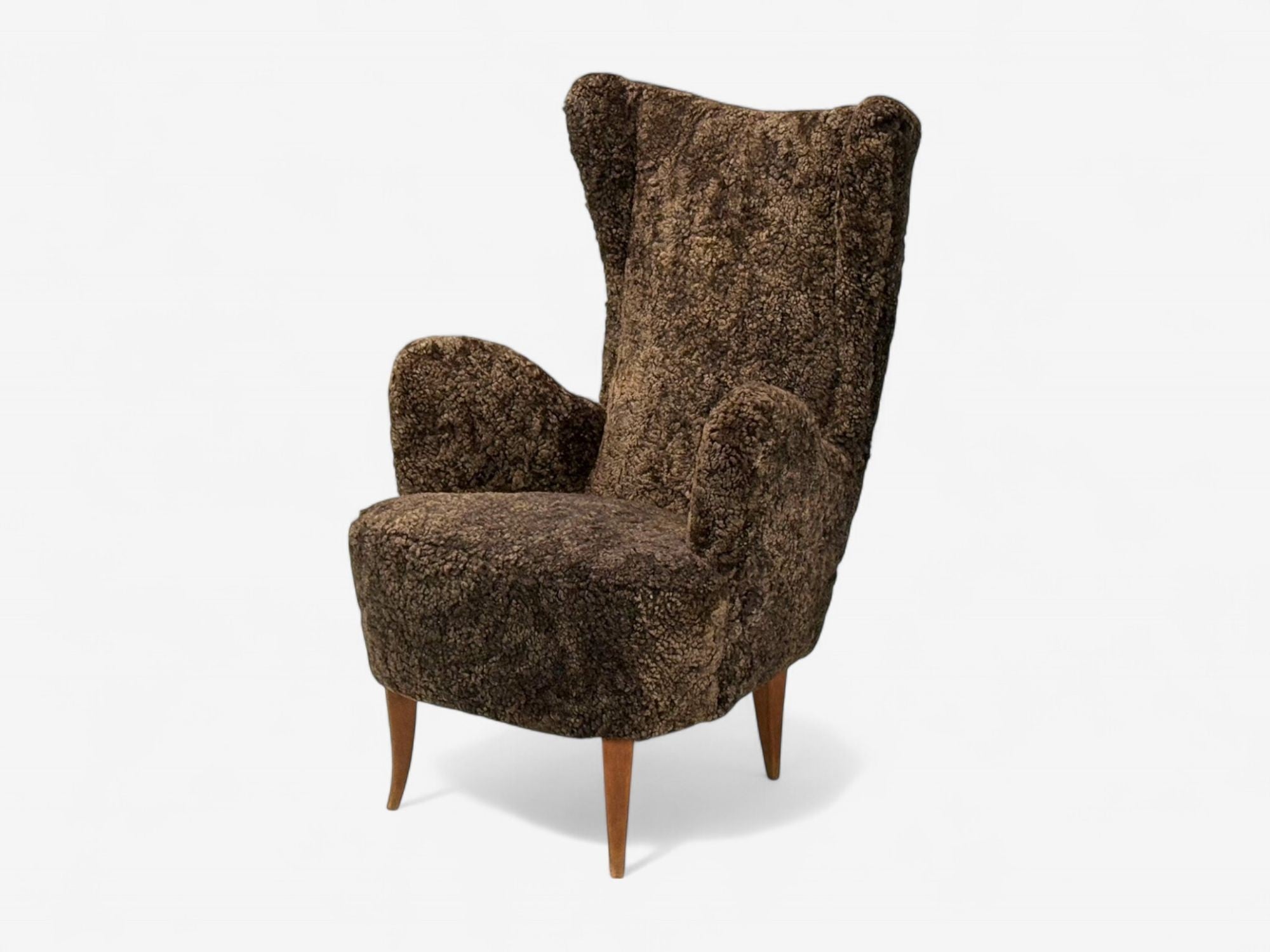 Italian Modern, Espresso Shearling, Walnut, Organic Lounge Chairs, Italy, 1950s