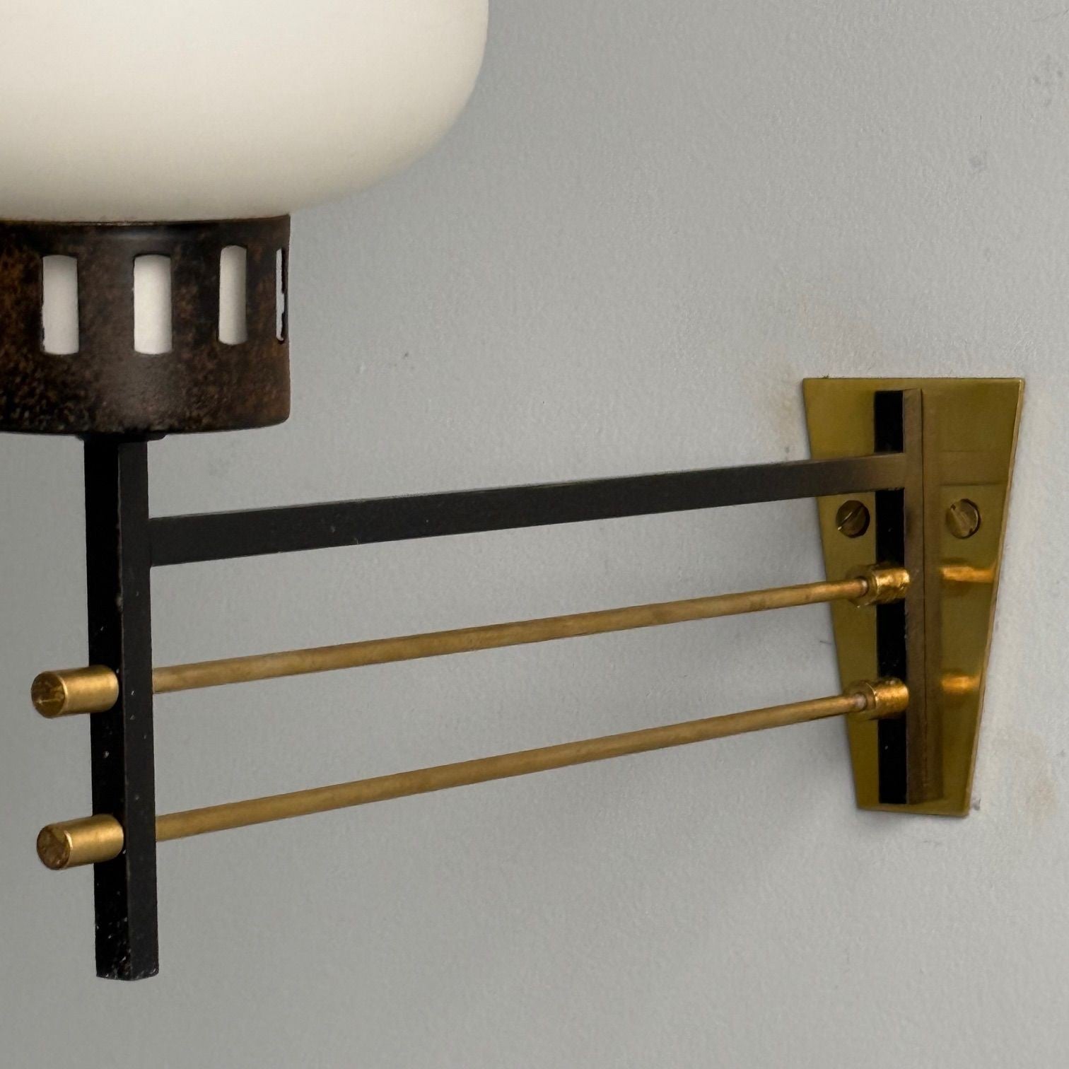 Italian Mid-Century Modern, Wall Sconces, Patinated Brass, Opaline Glass, 1950s