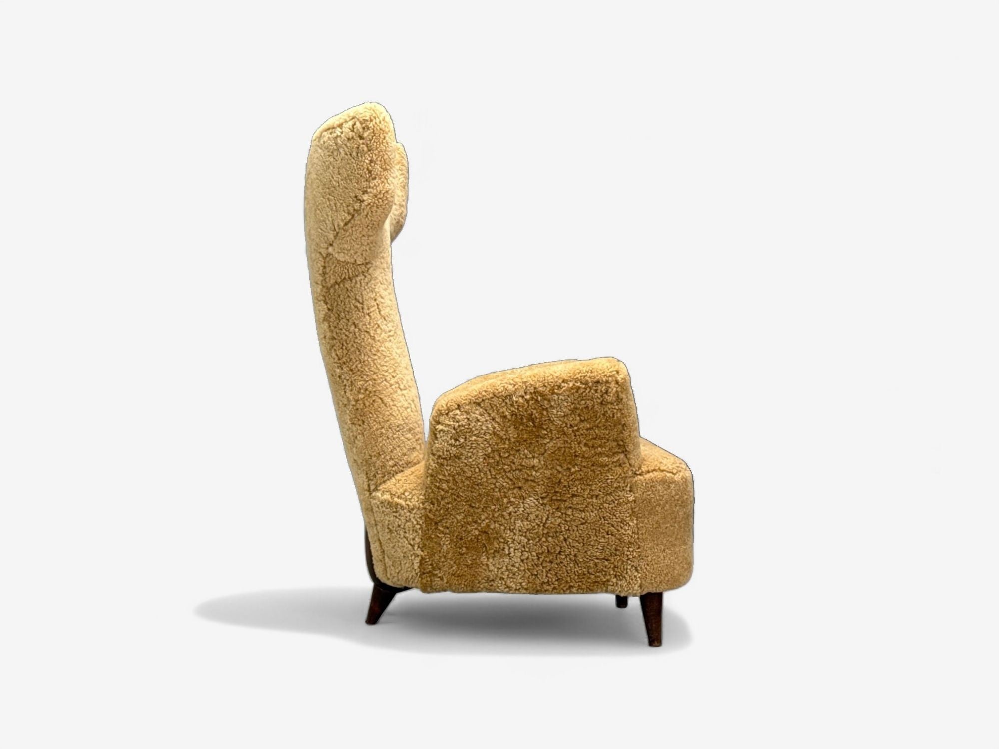 Renzo Zavanella, Honey Sheepskin, Wood, Rare Lounge Chairs, Italy, 1950s