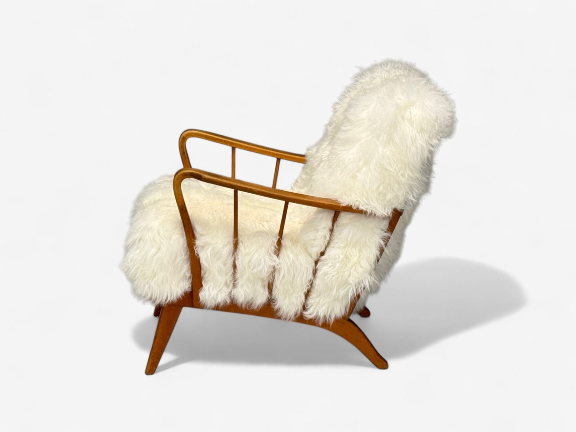 Danish Modern, Beech, Mongolian Fur, Lounge Chair, Denmark, 1950s