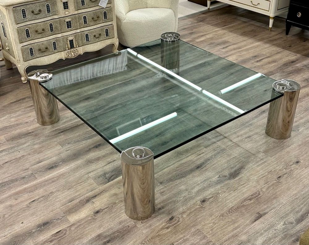 Mid-Century Modern Karl Springer Signed Chrome Coffee, Cocktail Table, Glass Top