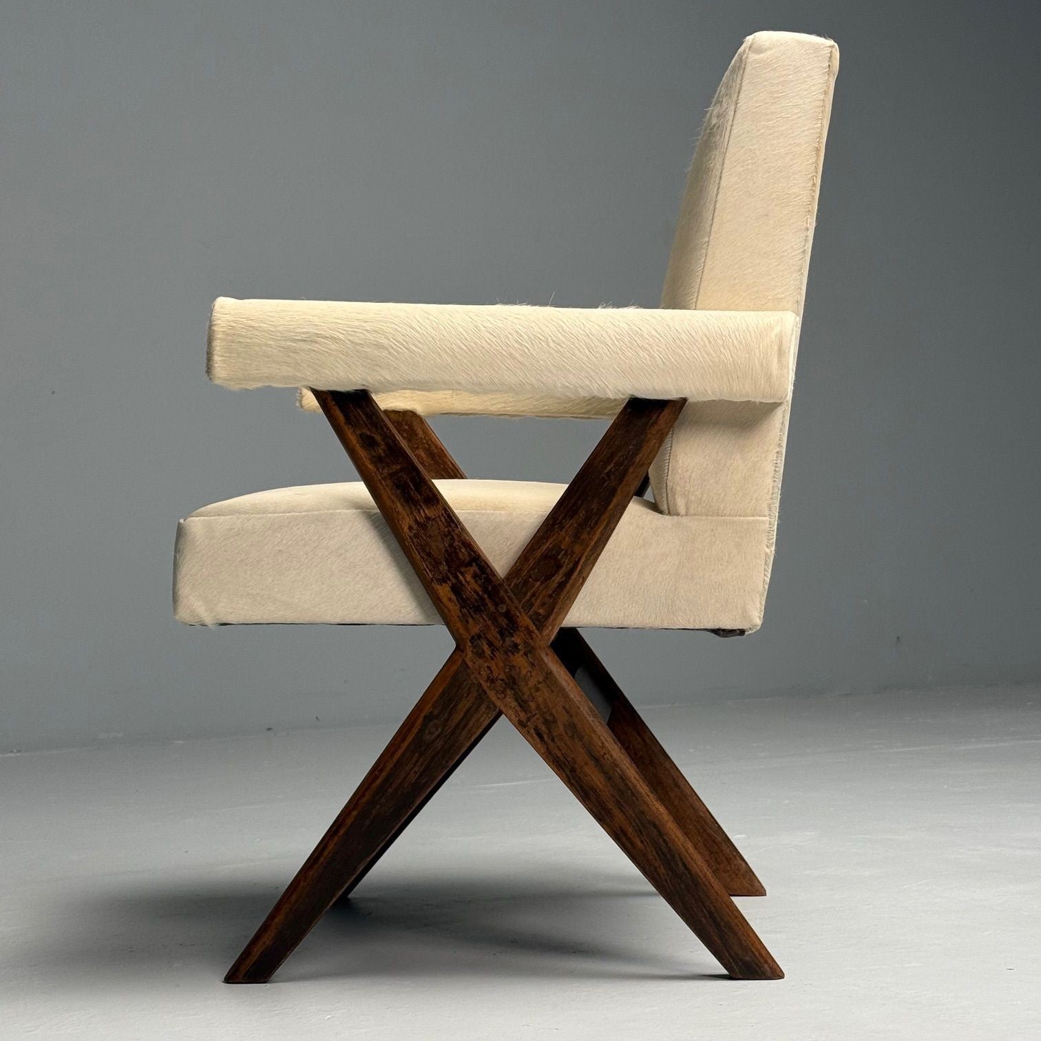 Pierre Jeanneret, French Mid-Century Modern, Upholstered Arm Chairs, Cowhide