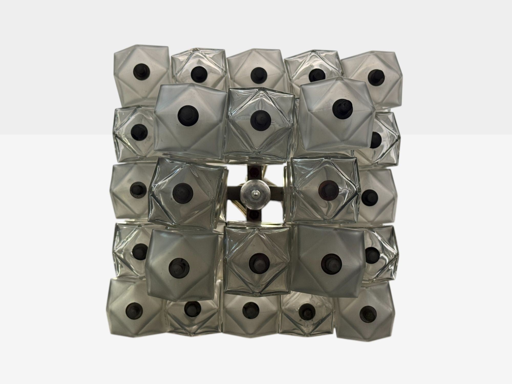 Venini Poliedri, Faceted Glass, Metal, Geometric Chandelier, Italy, 1950s
