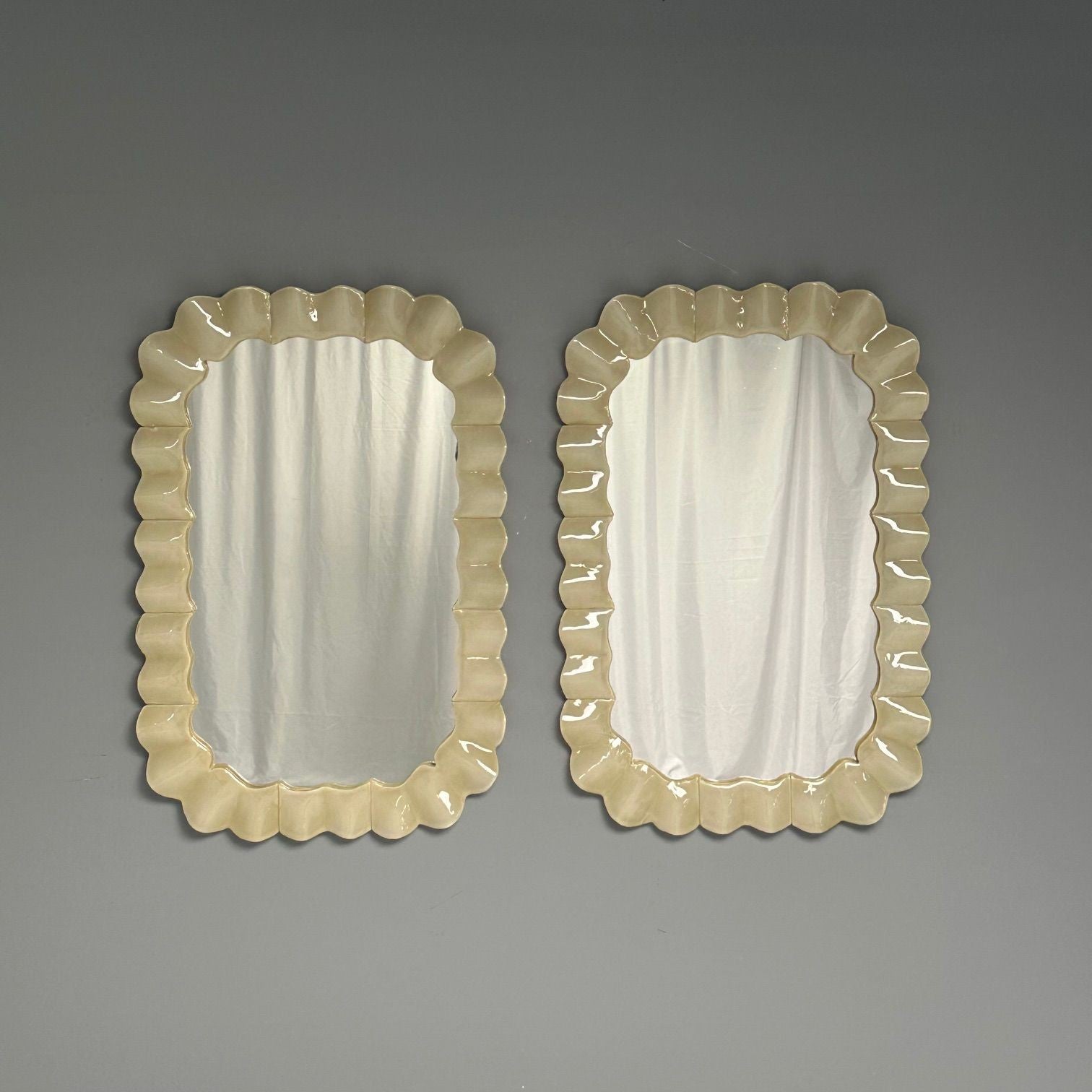 Modern Ruffle Wall Mirrors, White Murano Glass, Brass, Italy, 21st c.