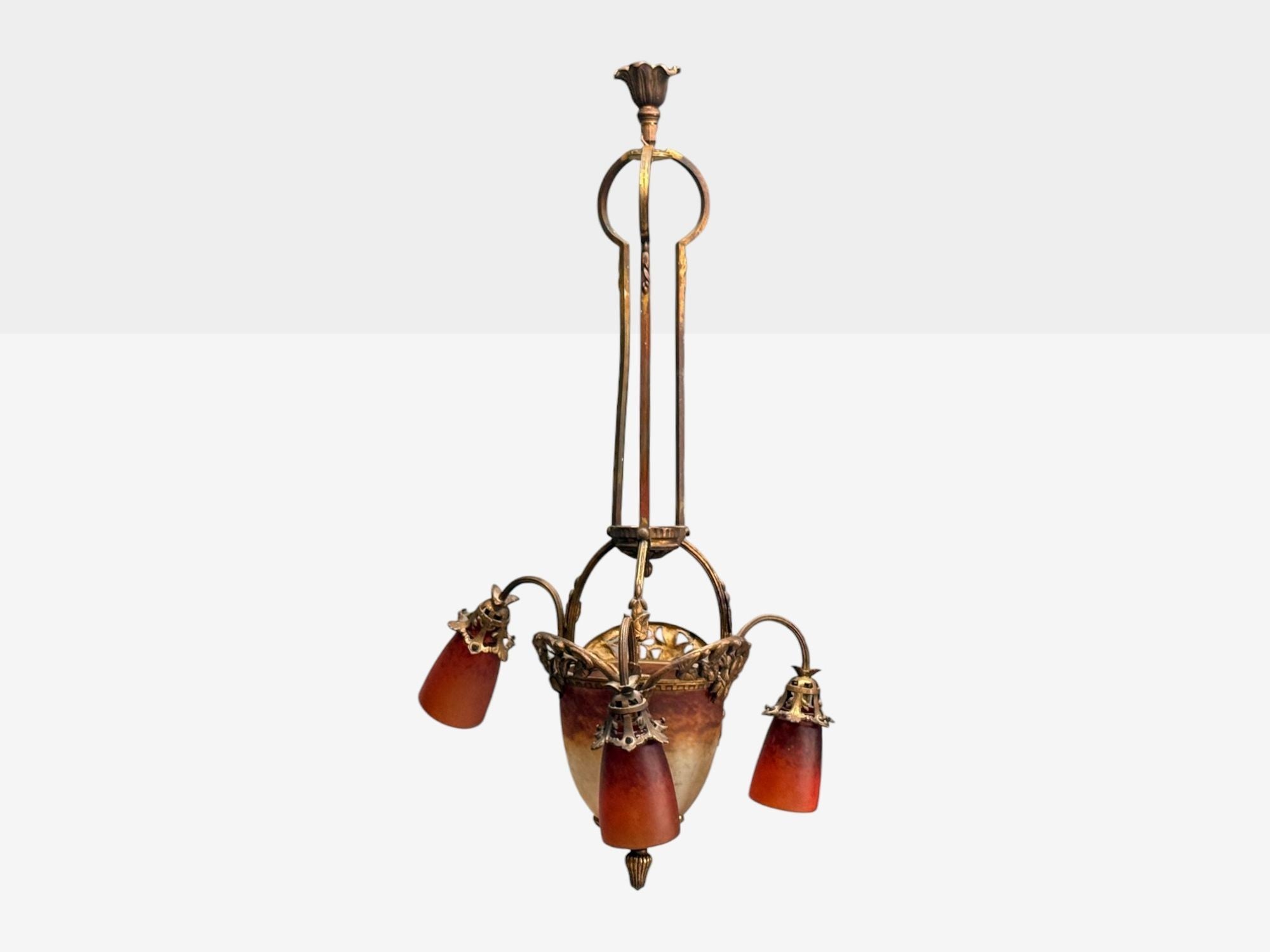 Muller Frères, French Art Deco, Bronze, Glass, Chandelier, France, 1920s