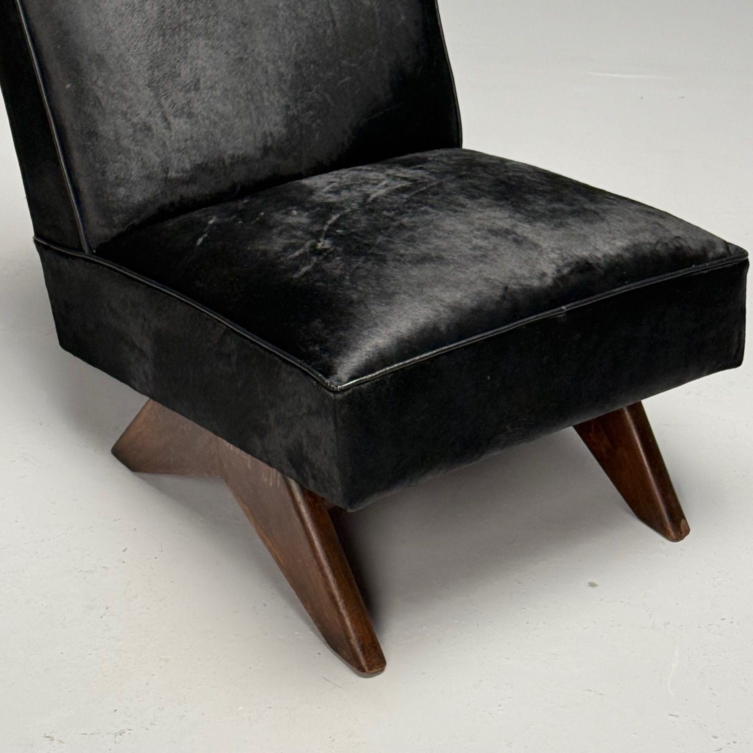Pierre Jeanneret, French Mid-Century Modern, Slipper Chairs, Black Cowhide, Teak