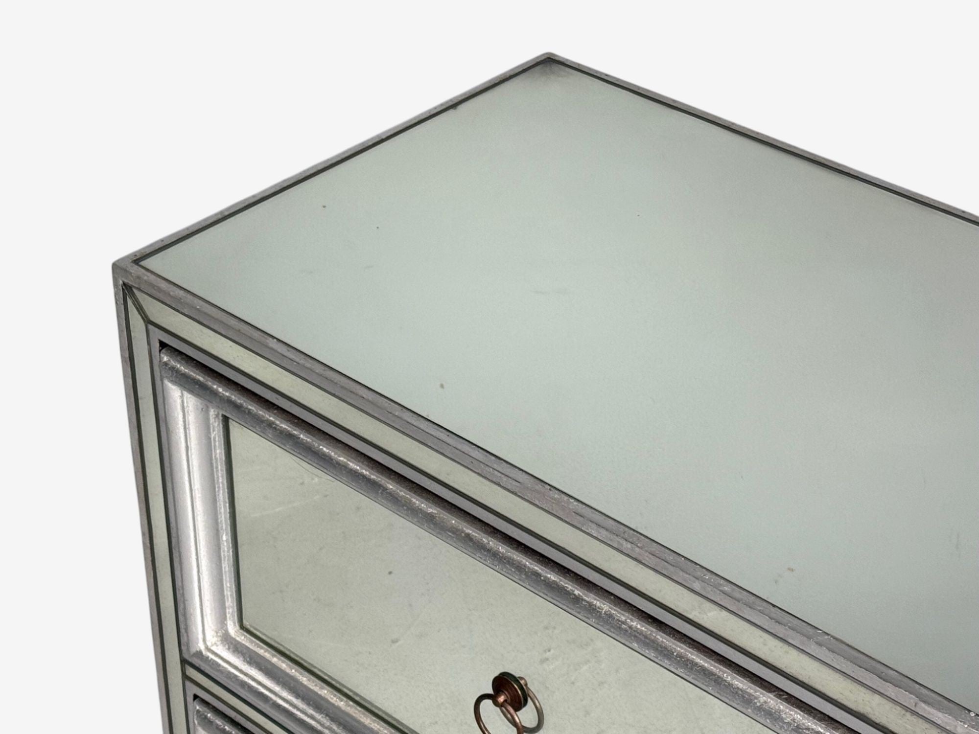 Hollywood Regency Style, Silver Leaf, Distressed Glass, Mirrored Nightstands