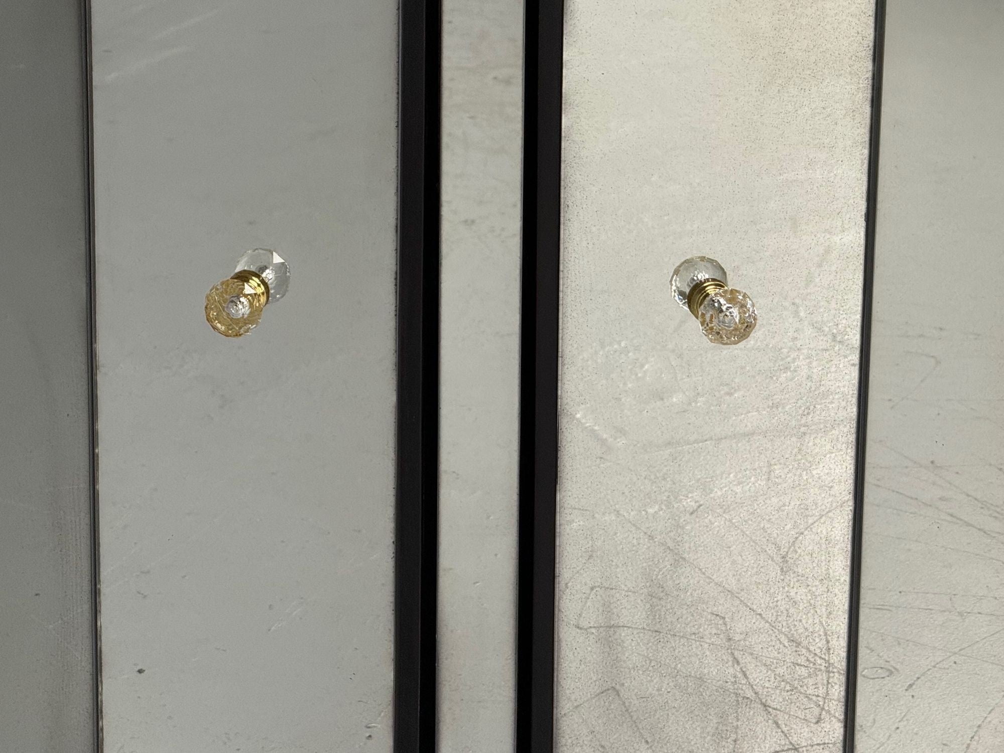 Hollywood Regency Style, Distressed Glass, Mirrored Demilune Cabinet