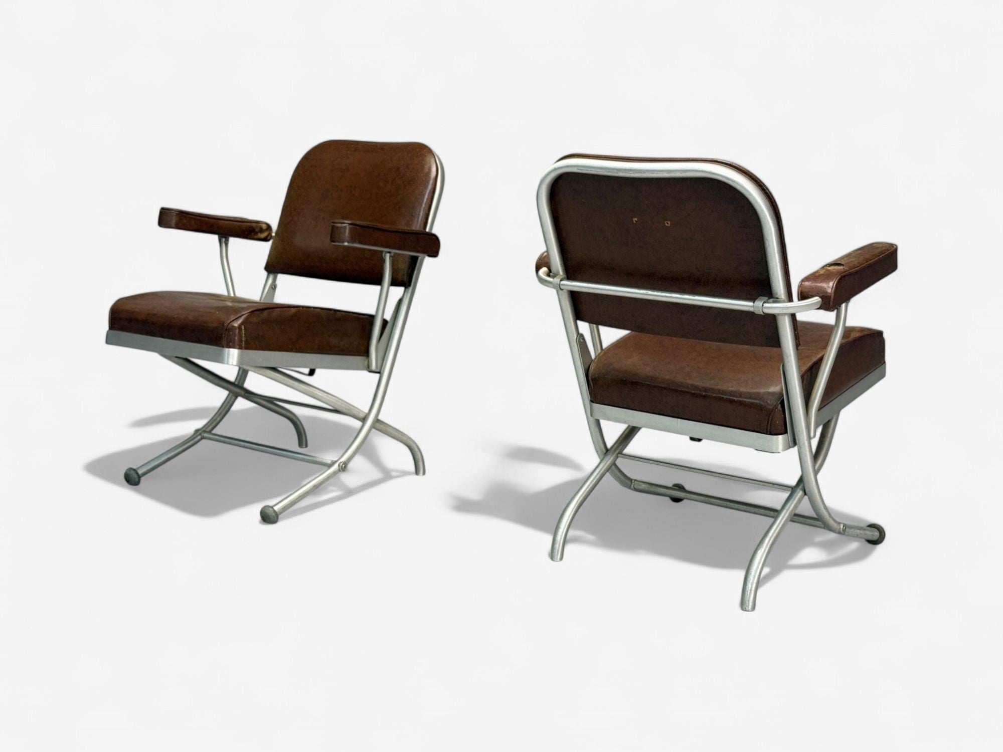 Warren McArthur, Brown Leather, Aluminum, Folding Chairs, USA c. 1935