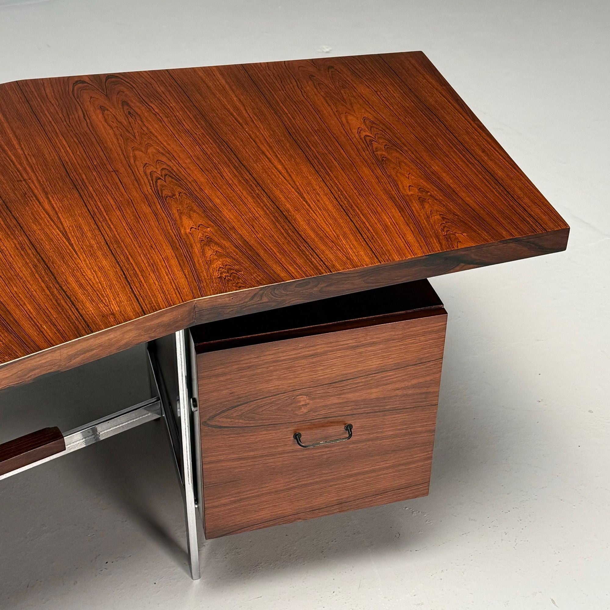 Italian Mid-Century Modern, Demilune Writing Desk, Rosewood, Steel, Italy, 1950s