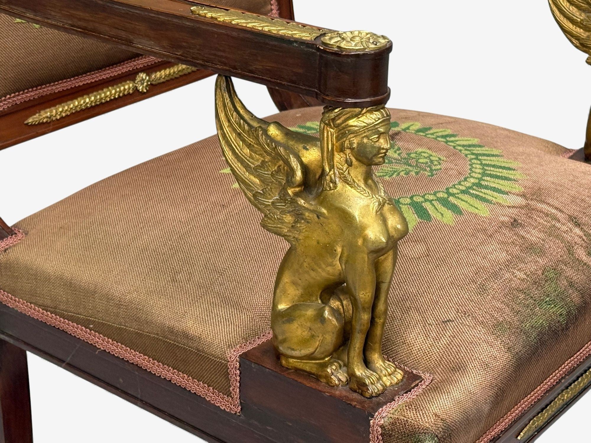 French Empire Revival, Bronze, Mahogany, Tapestry, Armchairs, France, 19th c.