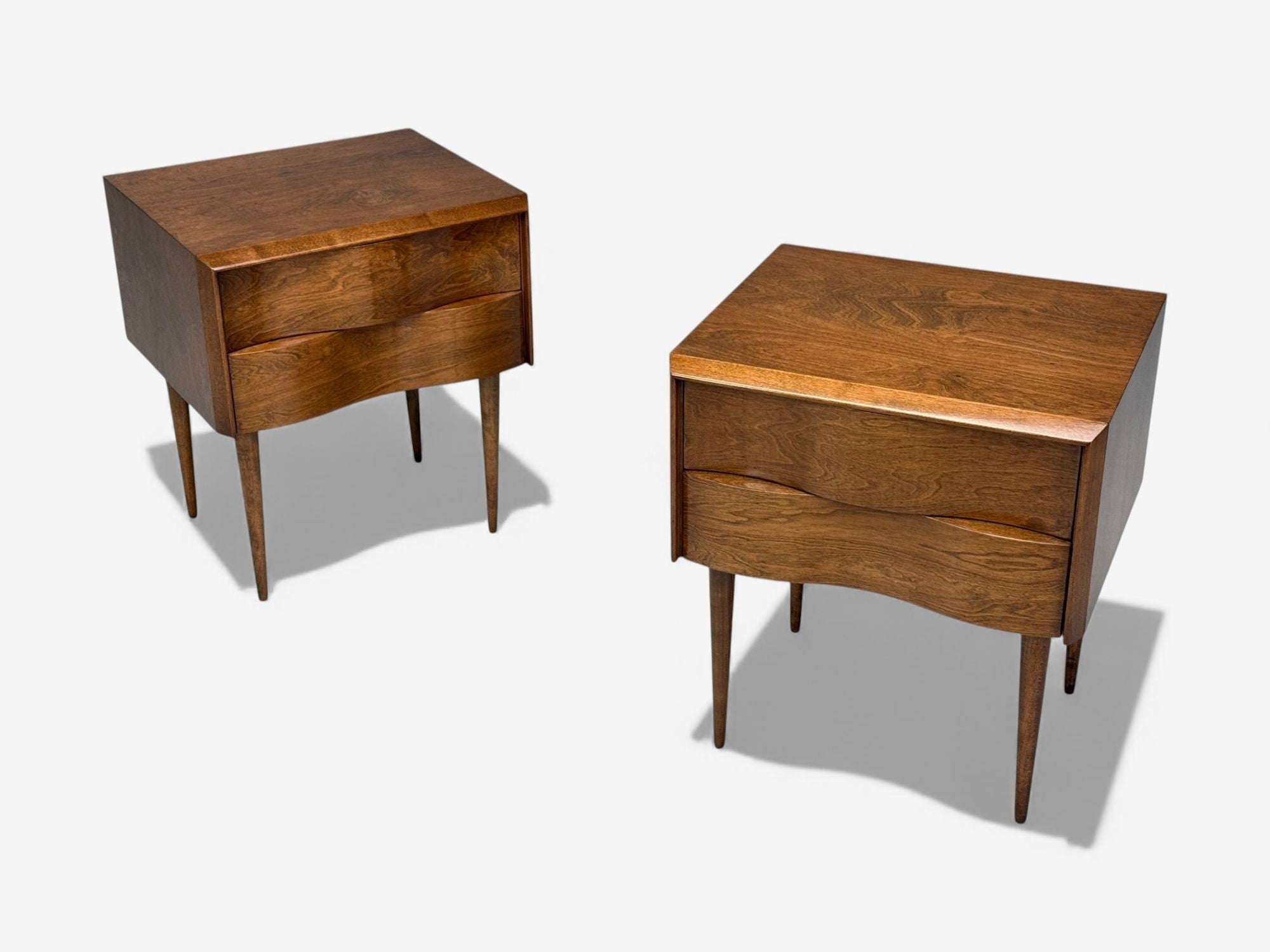 Edmond J Spence, Swedish Modern, Maple, Rare Wave Nightstands, 1950s