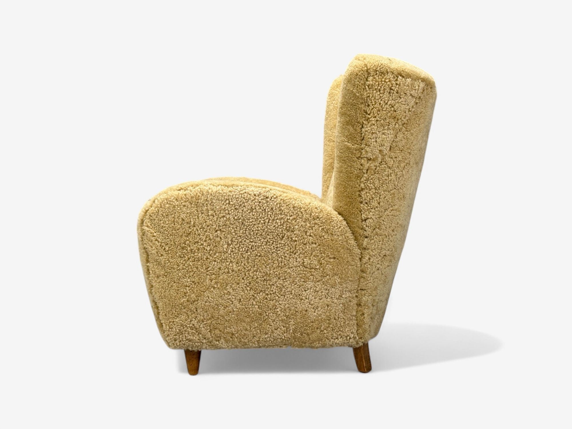 Meroni & Fossati, Beige Shearling, Stained Wood, Lounge Chairs, Italy, 1950s